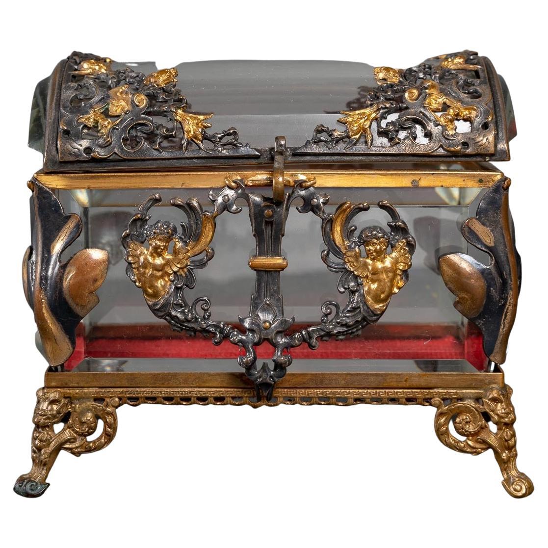 Beautiful Crystal Jewelry Box, Mounted in Silver and Gilded Bronze For Sale