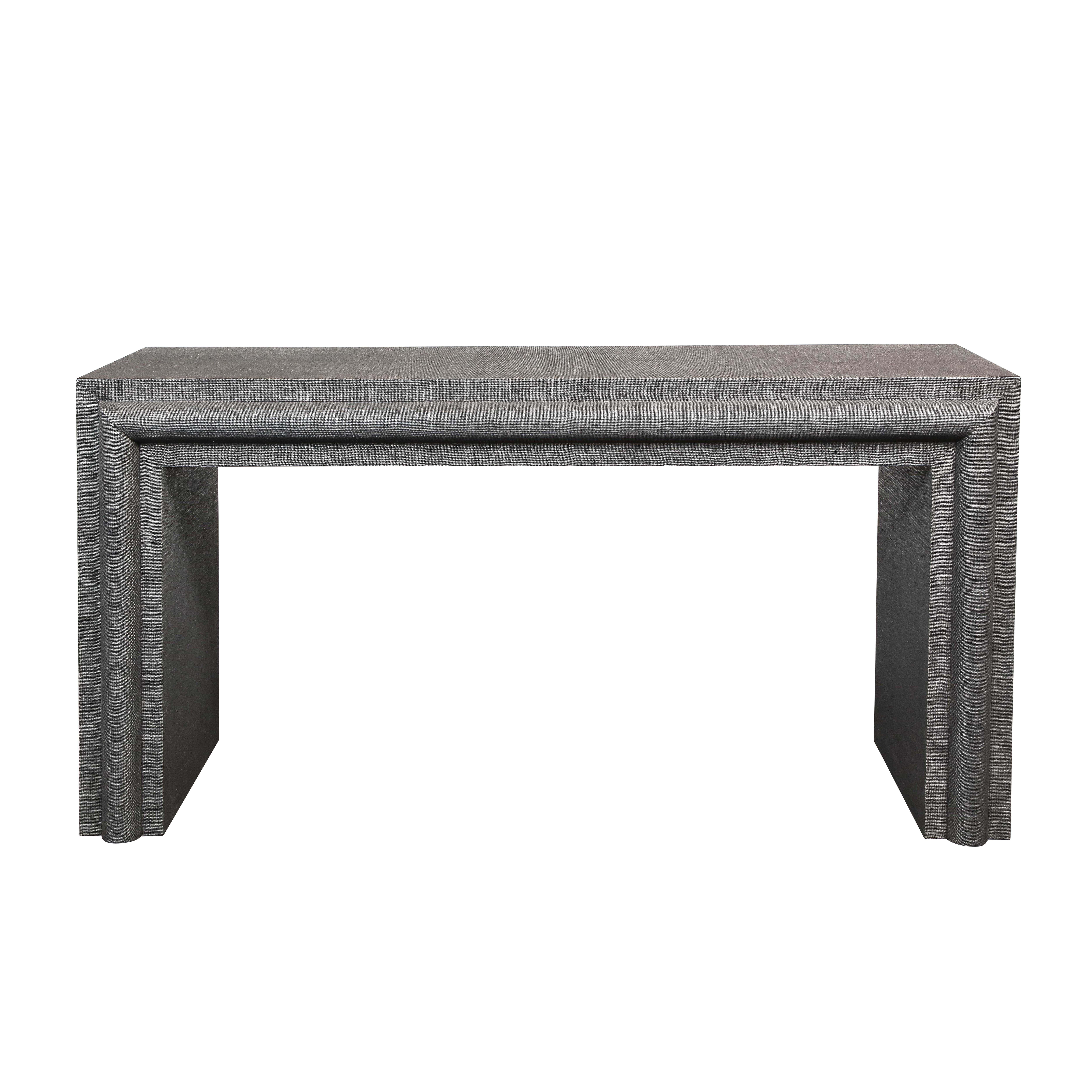 Stunning large console table with half round molding front edge, the entire piece covered in silver gray lacquered linen, custom design, American 1970's. This table is meticulously crafted.