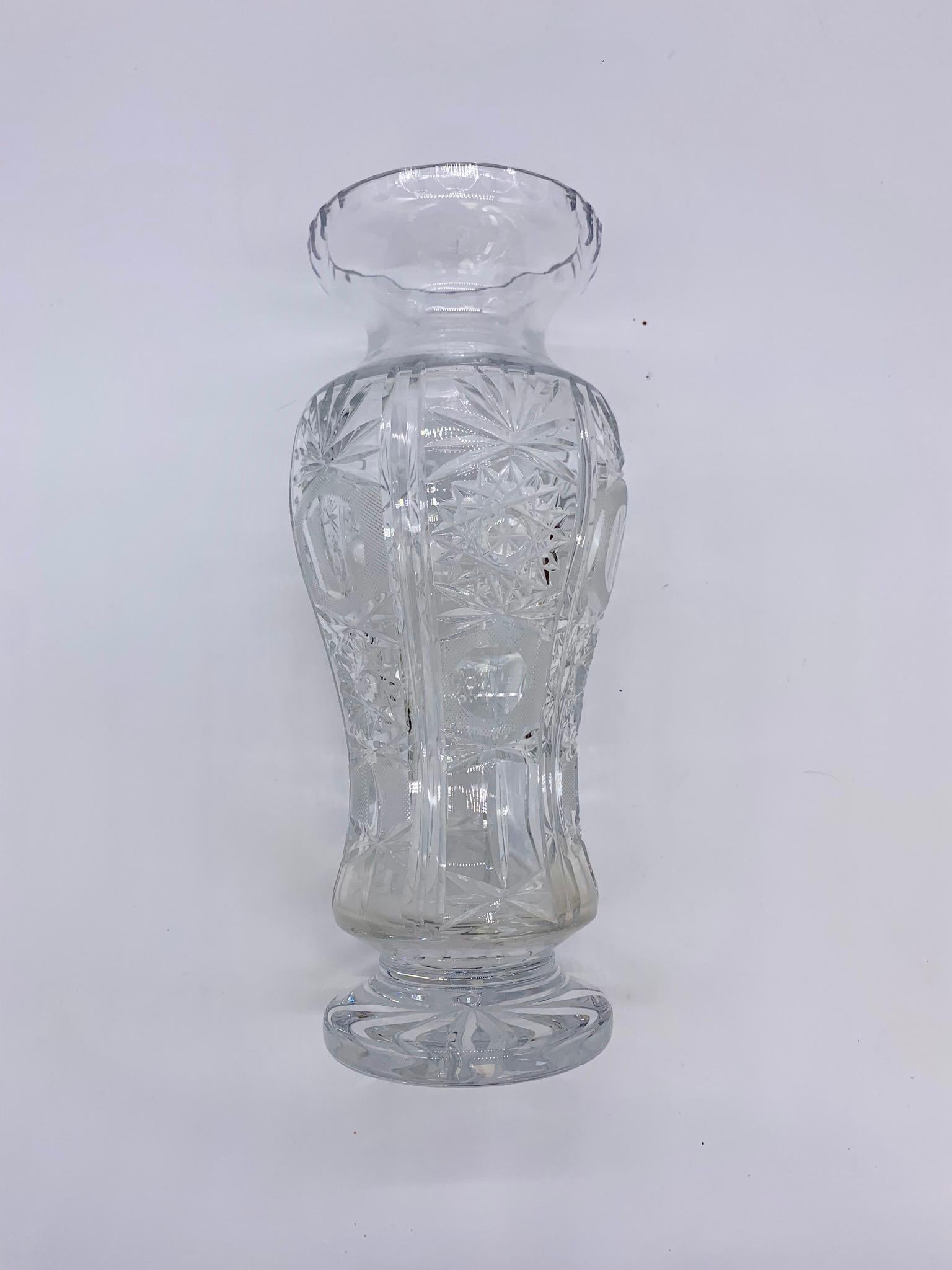 European Beautiful Cut Crystal Vase with Ornaments, circa 1930-1940 For Sale