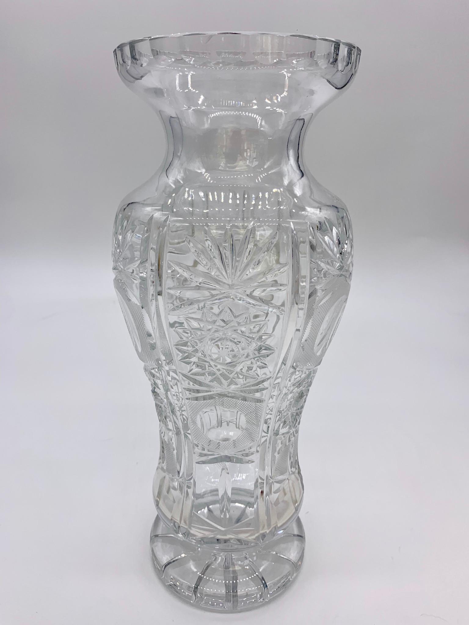 Mid-20th Century Beautiful Cut Crystal Vase with Ornaments, circa 1930-1940 For Sale