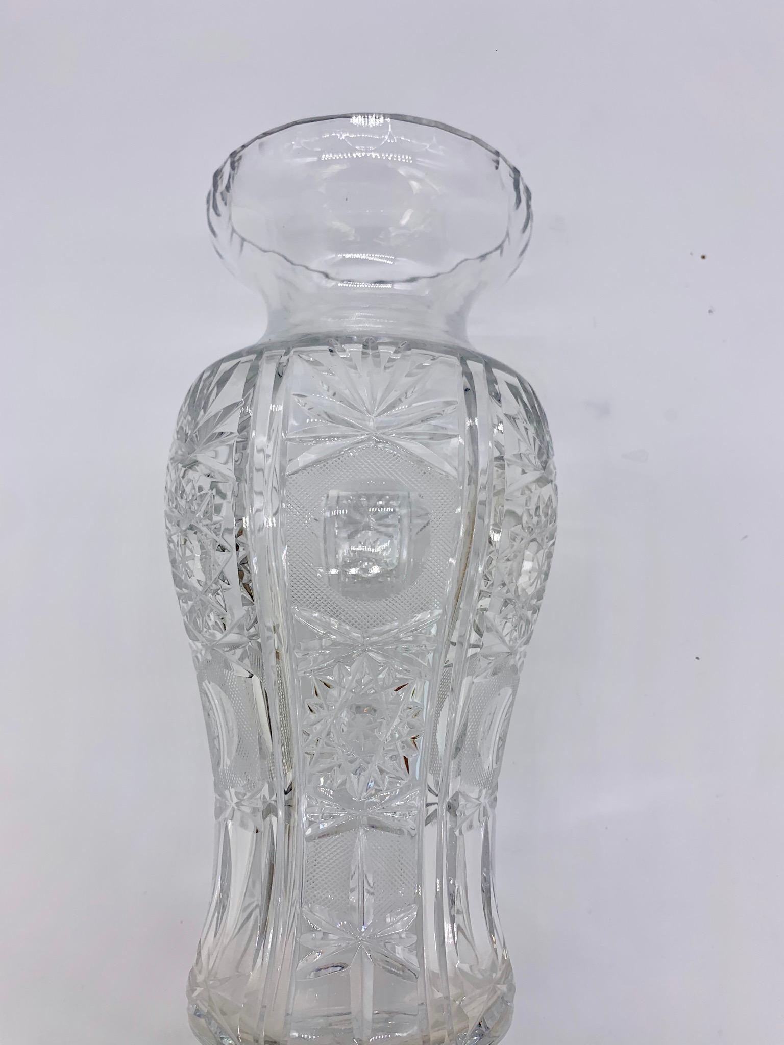 Beautiful Cut Crystal Vase with Ornaments, circa 1930-1940 For Sale 1