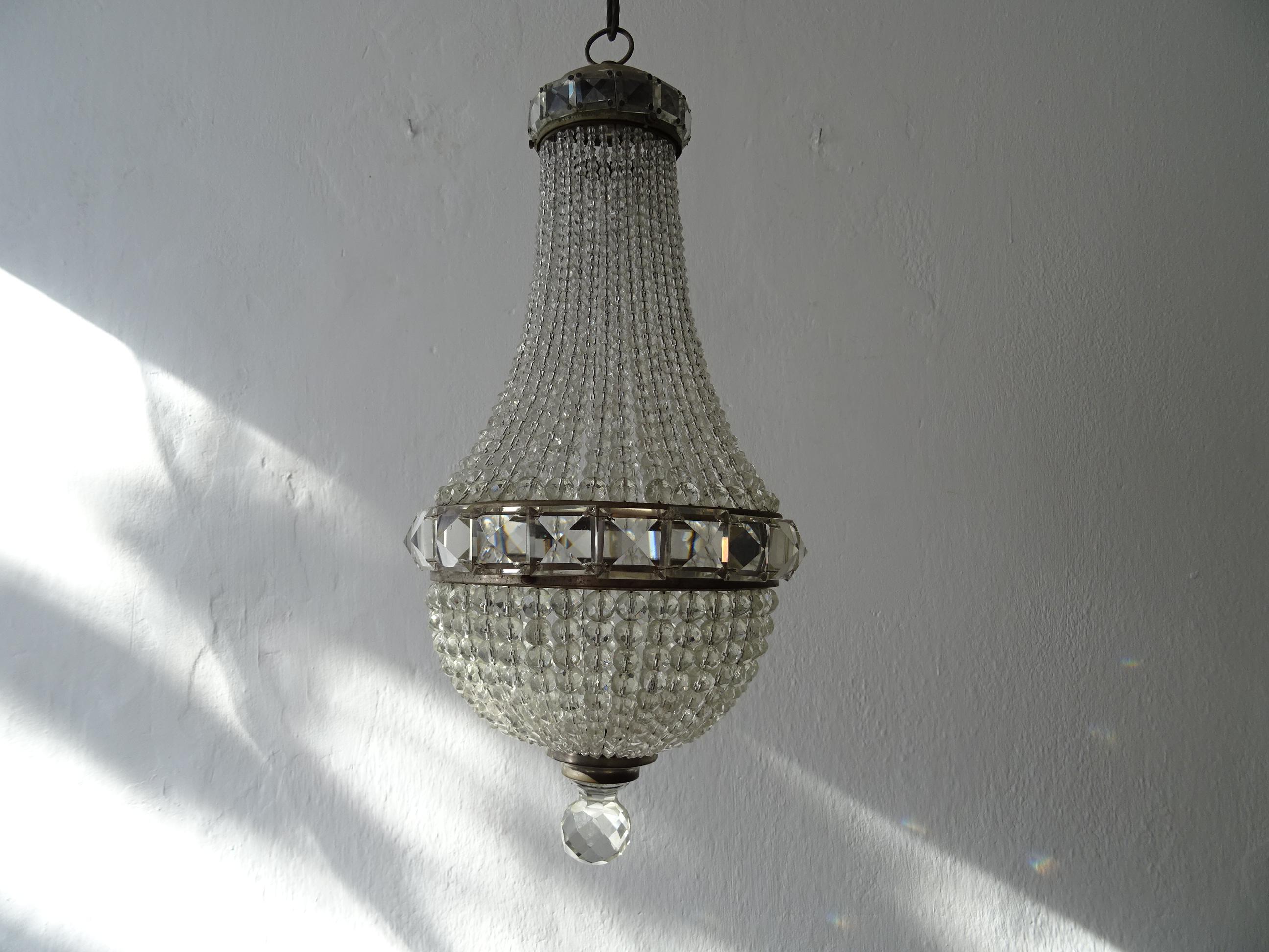 Housing one light, will be rewired and ready to hang. We use certified UL US sockets and appropriate sockets for all other countries. Strands and strands of crystal beads from tiny to big with crystal finial on bottom. Also adorning rare square
