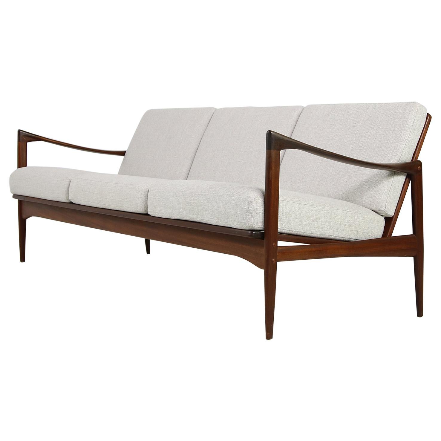 Beautiful Danish 1960s Kofod Larsen Teak Sofa, Mod. Kandidaten, New Upholstery For Sale