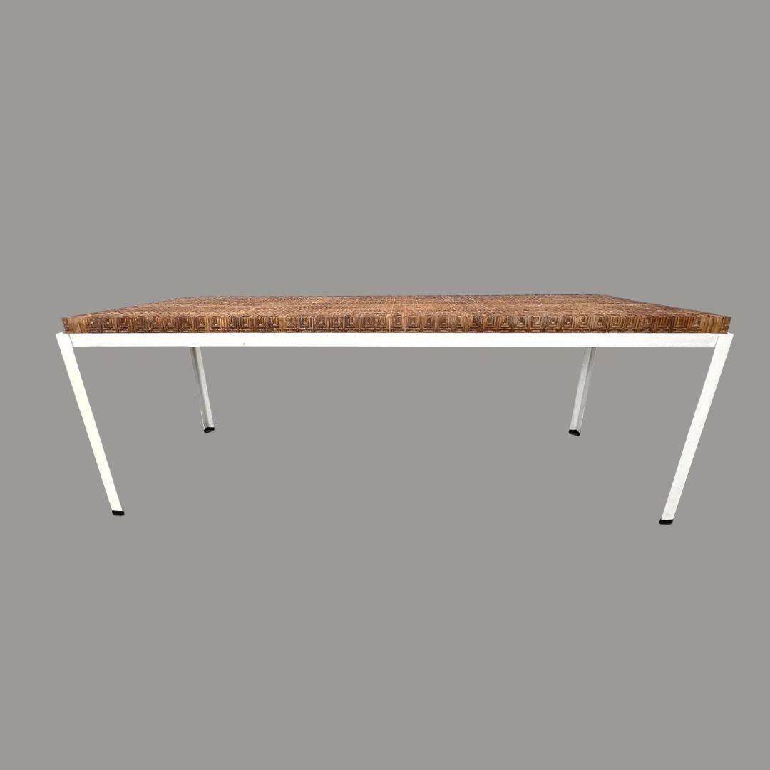 Iconic mid century designer Danny Ho Fong Rattan Dining Set. Classic Californian mid century chic table with 6 matching stools.  This set was made for Top-Cal and blends clean mid century design with relaxed coastal vibes.  Stools could be used as