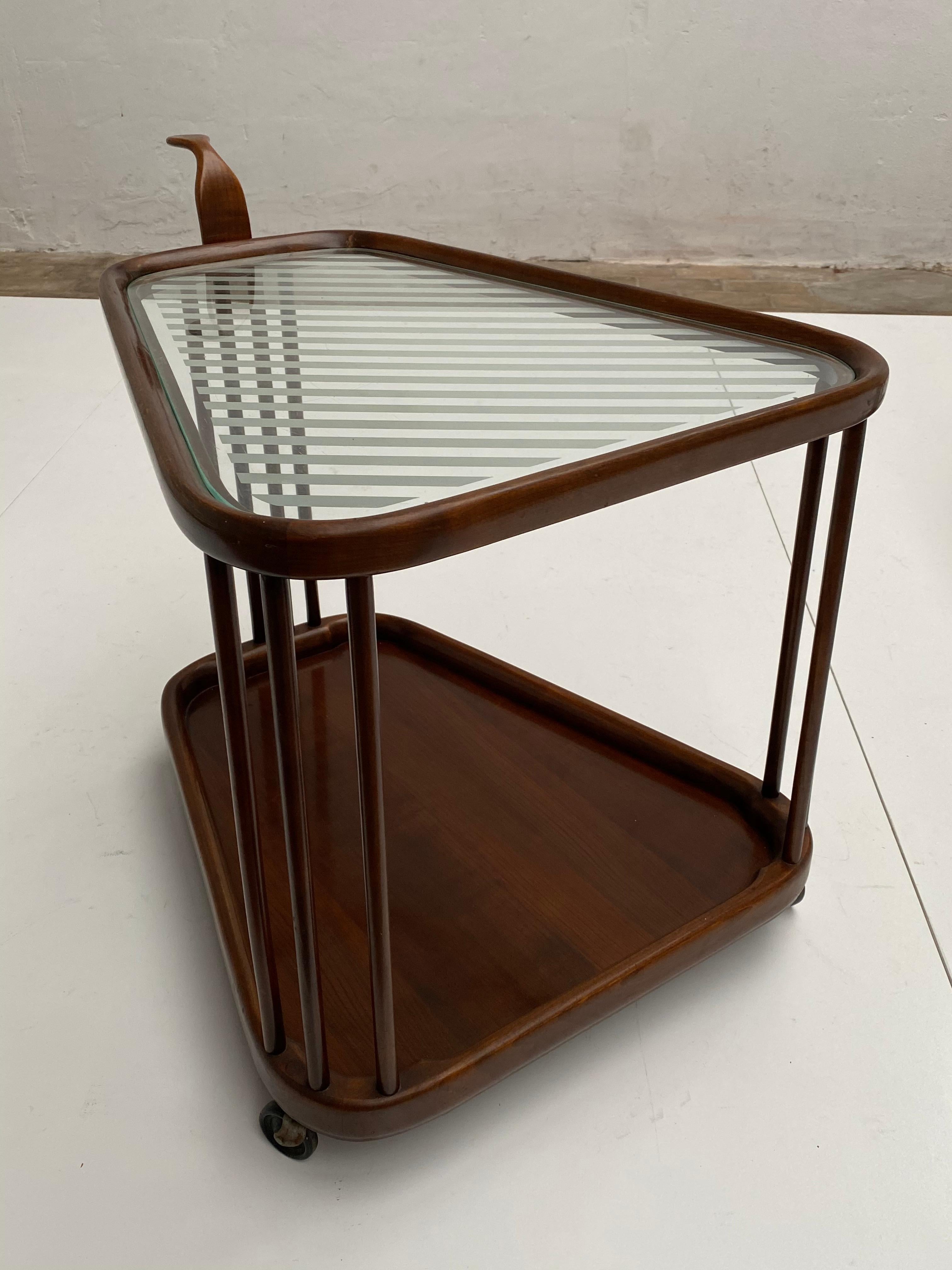 Glass Beautiful Dark Stained Walnut Serving Trolley, Cesare Lacca Attributed, Italy For Sale