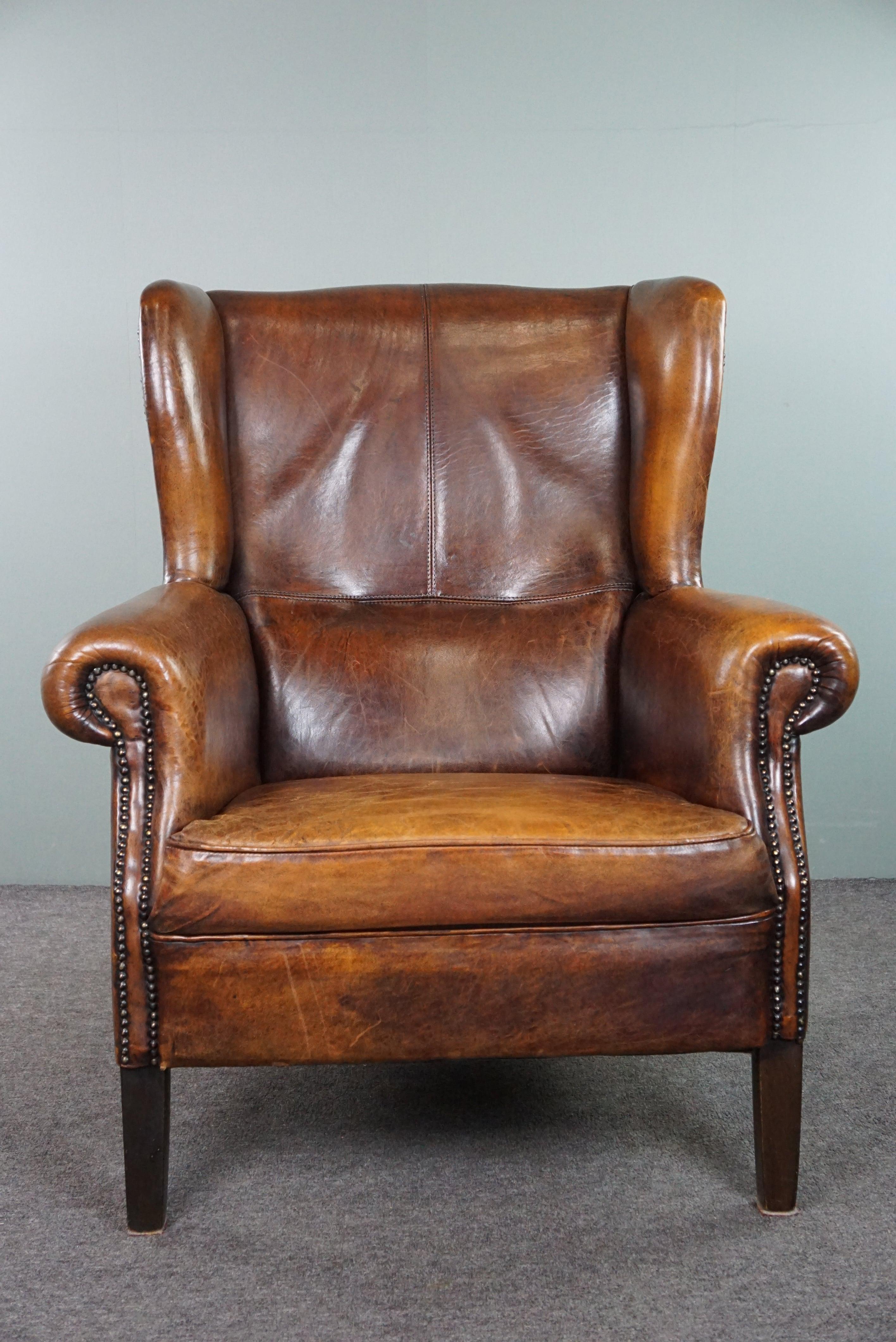 Dutch Beautiful dark wing chair made of sheep leather with beautiful colors For Sale