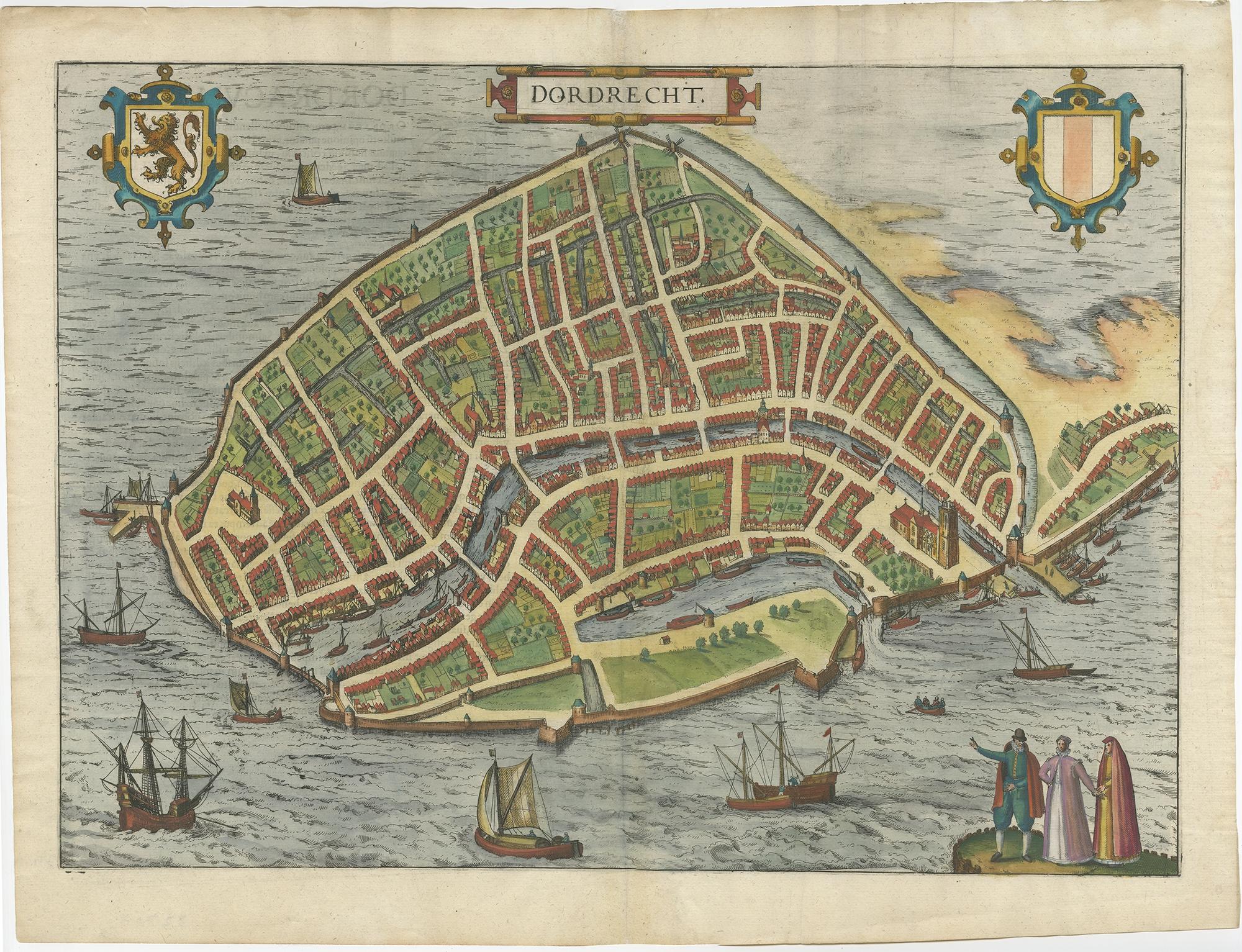 Antique map titled 'Dordrecht'. 

Map of the city of Dordrecht, the Netherlands. Bird's-eye plan view of the city, with many ships and two coats of arms in upper corners. This map originates from 'Civitates Orbis Terrarum' by Braun &