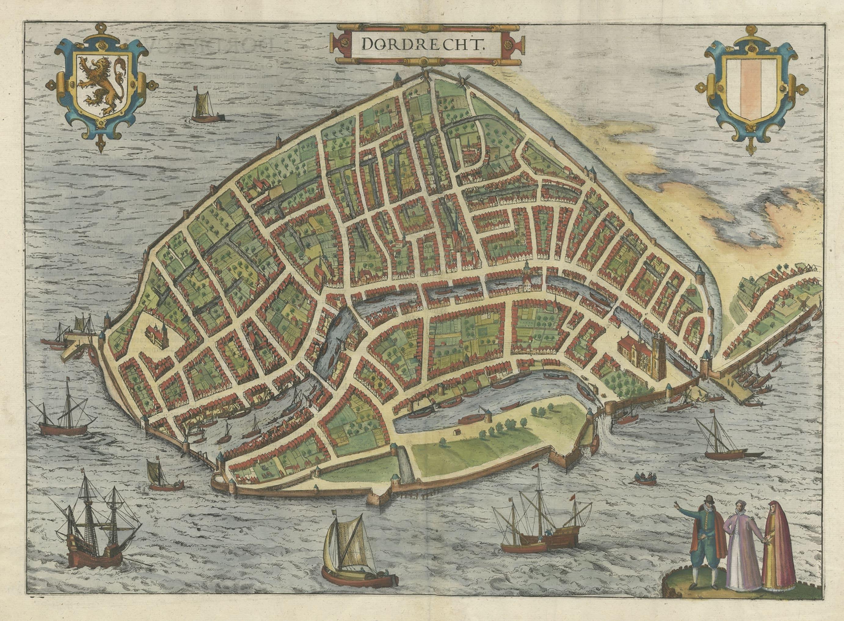 Beautiful Decorative Antique Map of the City of Dordrecht, the Netherlands, 1581 In Good Condition For Sale In Langweer, NL