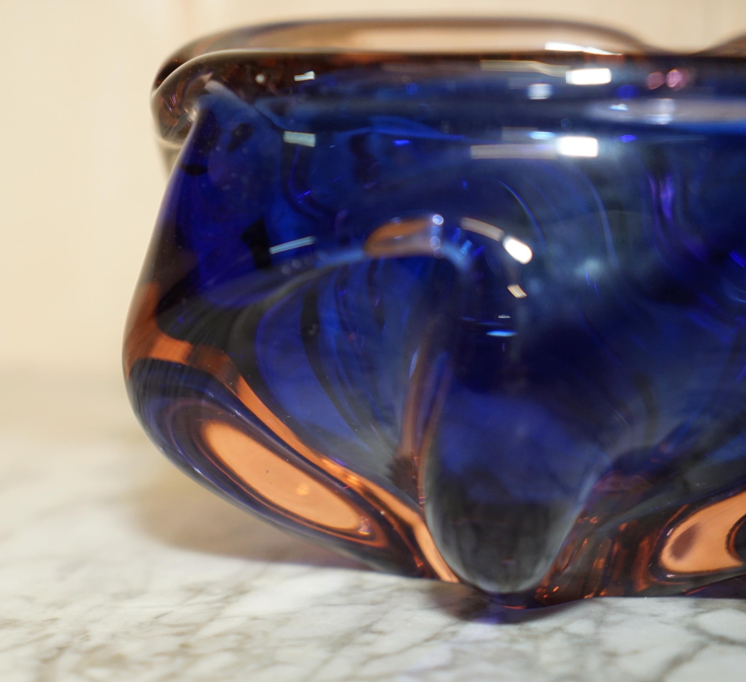 Mid-Century Modern Beautiful Decorative Custom Made Decorative Floral Glass Bowl or Ideep Blue For Sale