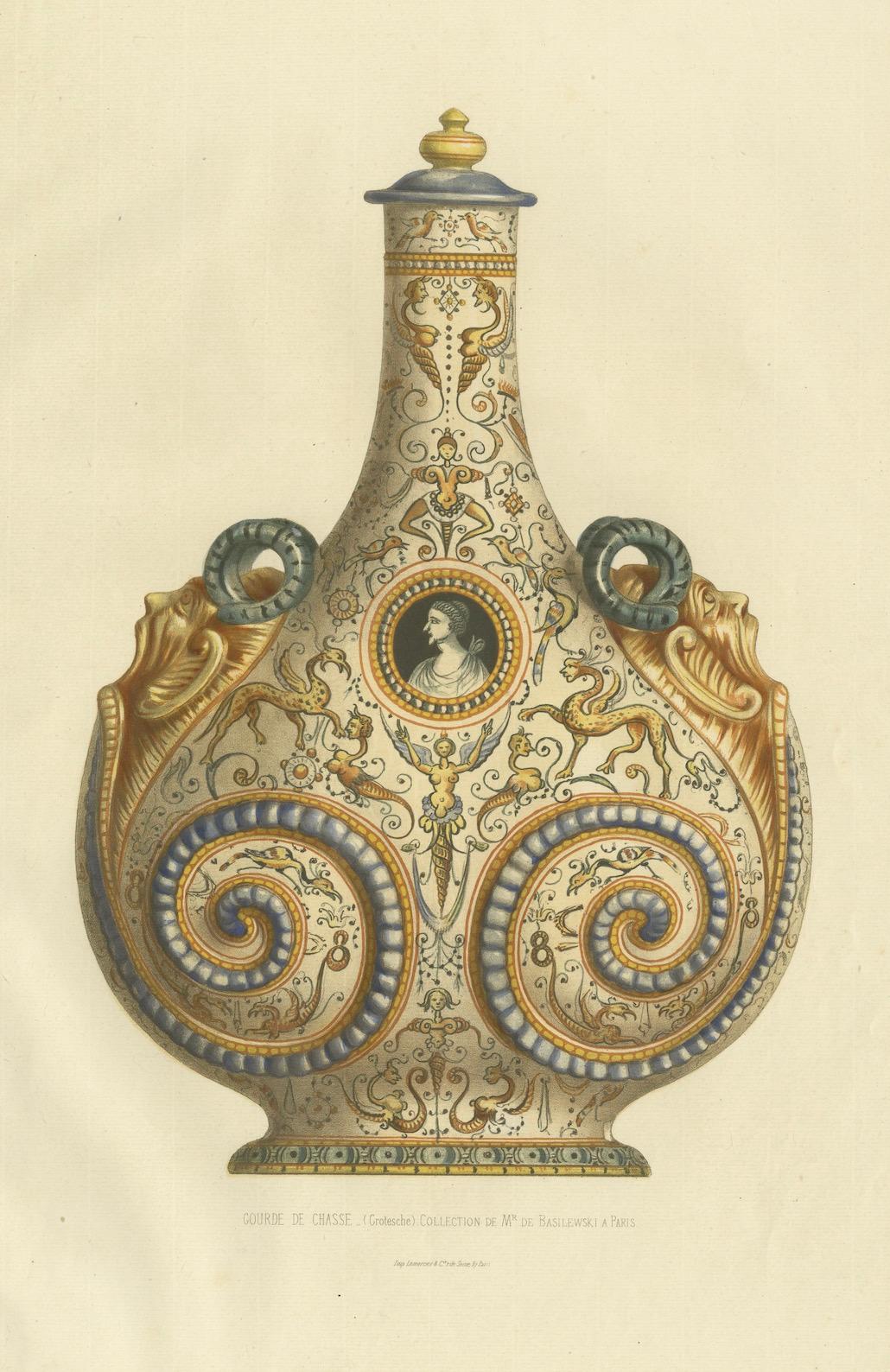 Italian Faience Hunting Gourde – Antique Decorative Arts Lithograph, 1869