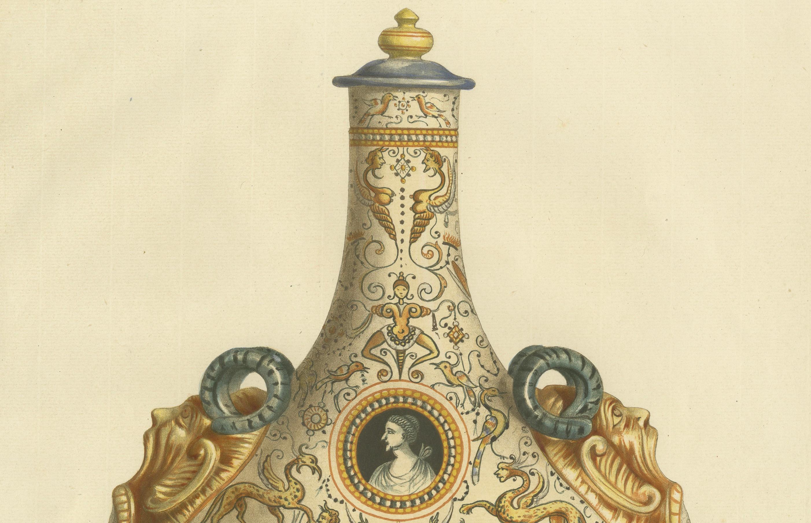 Italian Faience Hunting Gourde – Antique Decorative Arts Lithograph, 1869