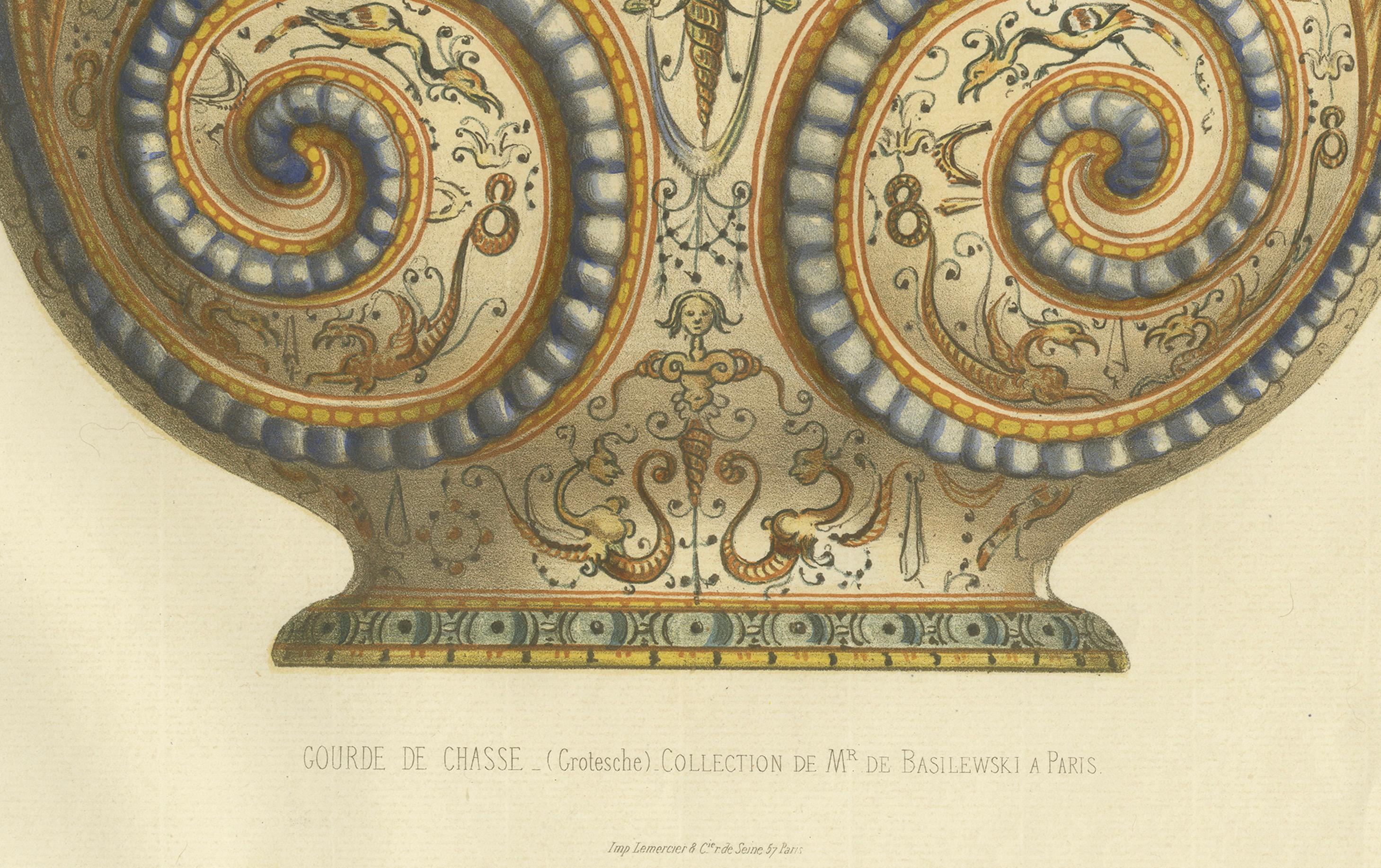 Italian Faience Hunting Gourde – Antique Decorative Arts Lithograph, 1869