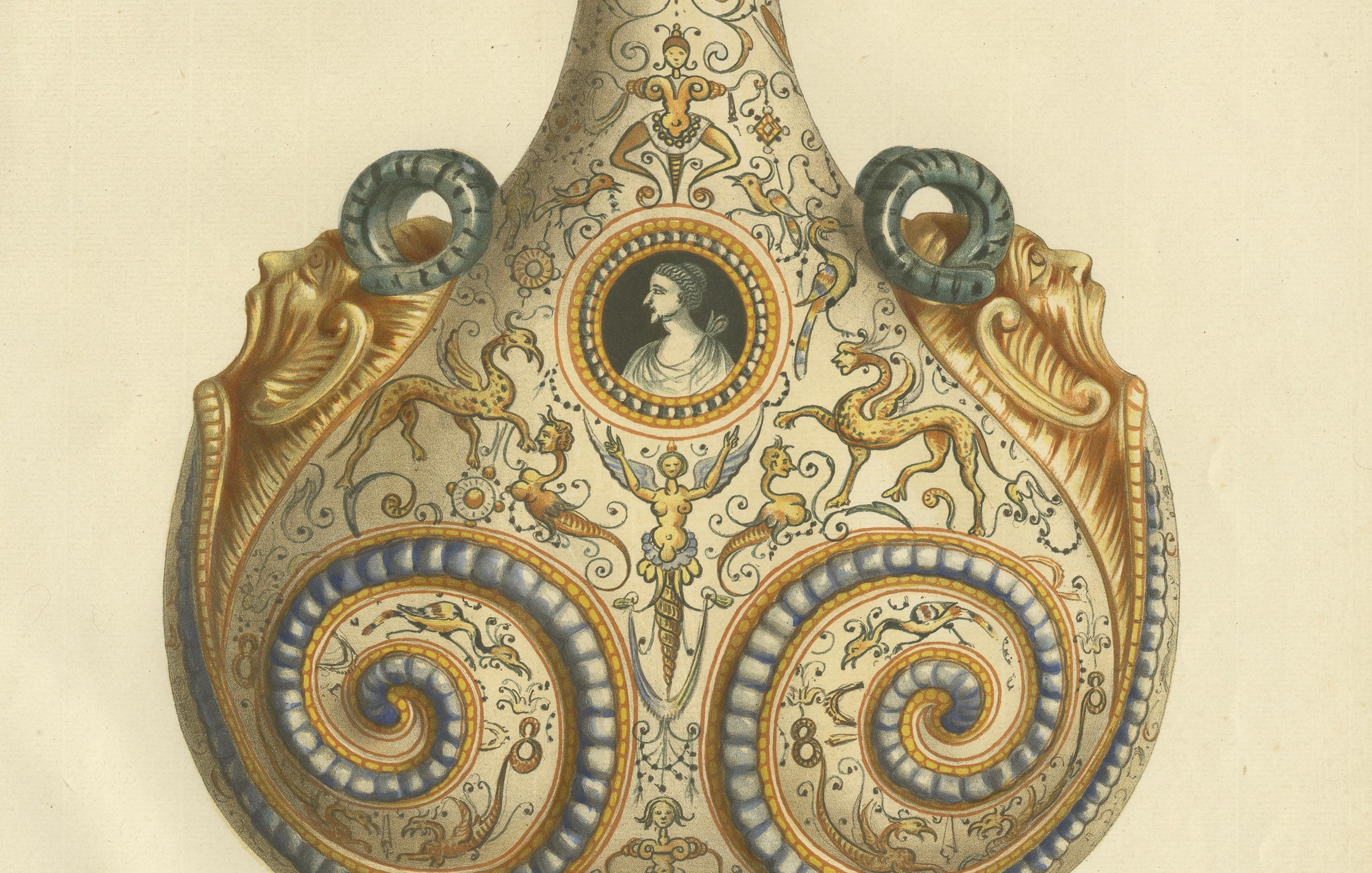 Italian Faience Hunting Gourde – Antique Decorative Arts Lithograph, 1869
