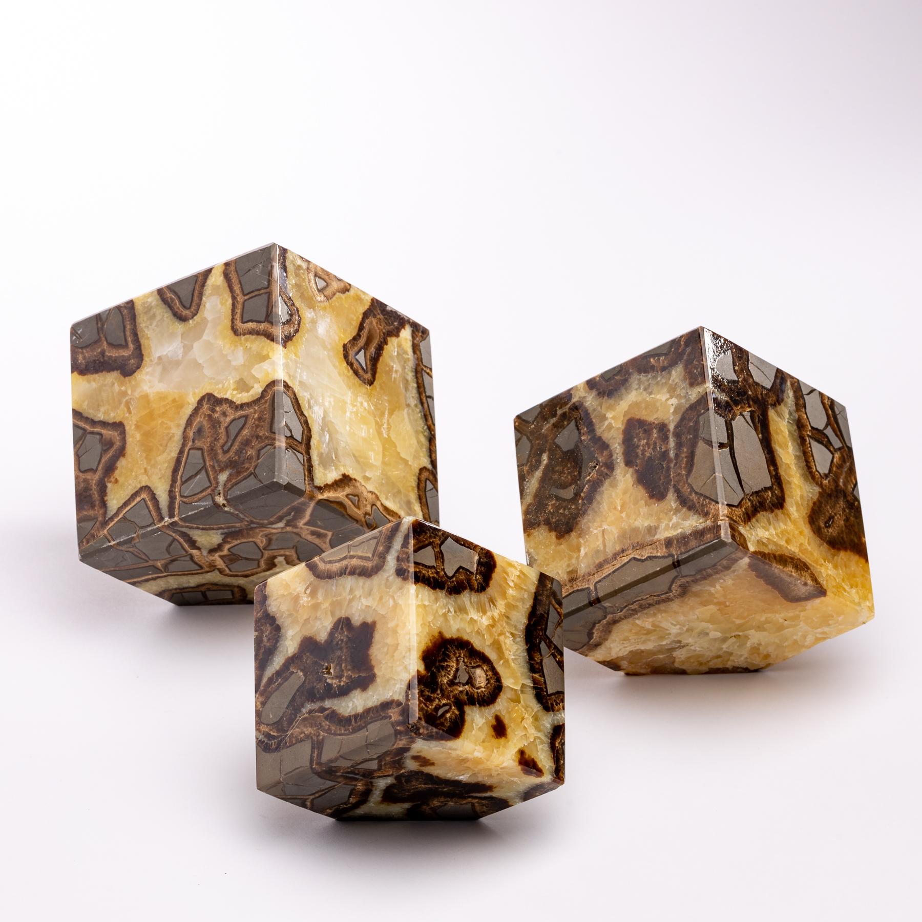 Organic Modern Beautiful Decorative Set of Three Cubes of Septarian from Madagascar