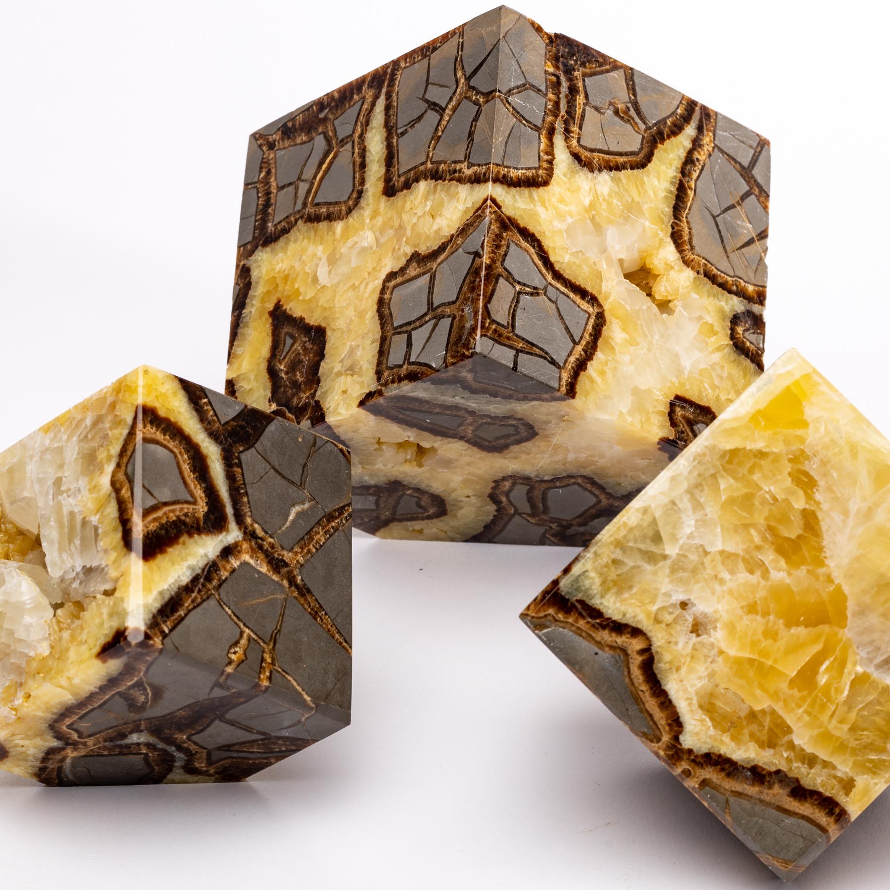 Mexican Beautiful Decorative Set of Three Cubes of Septarian from Madagascar