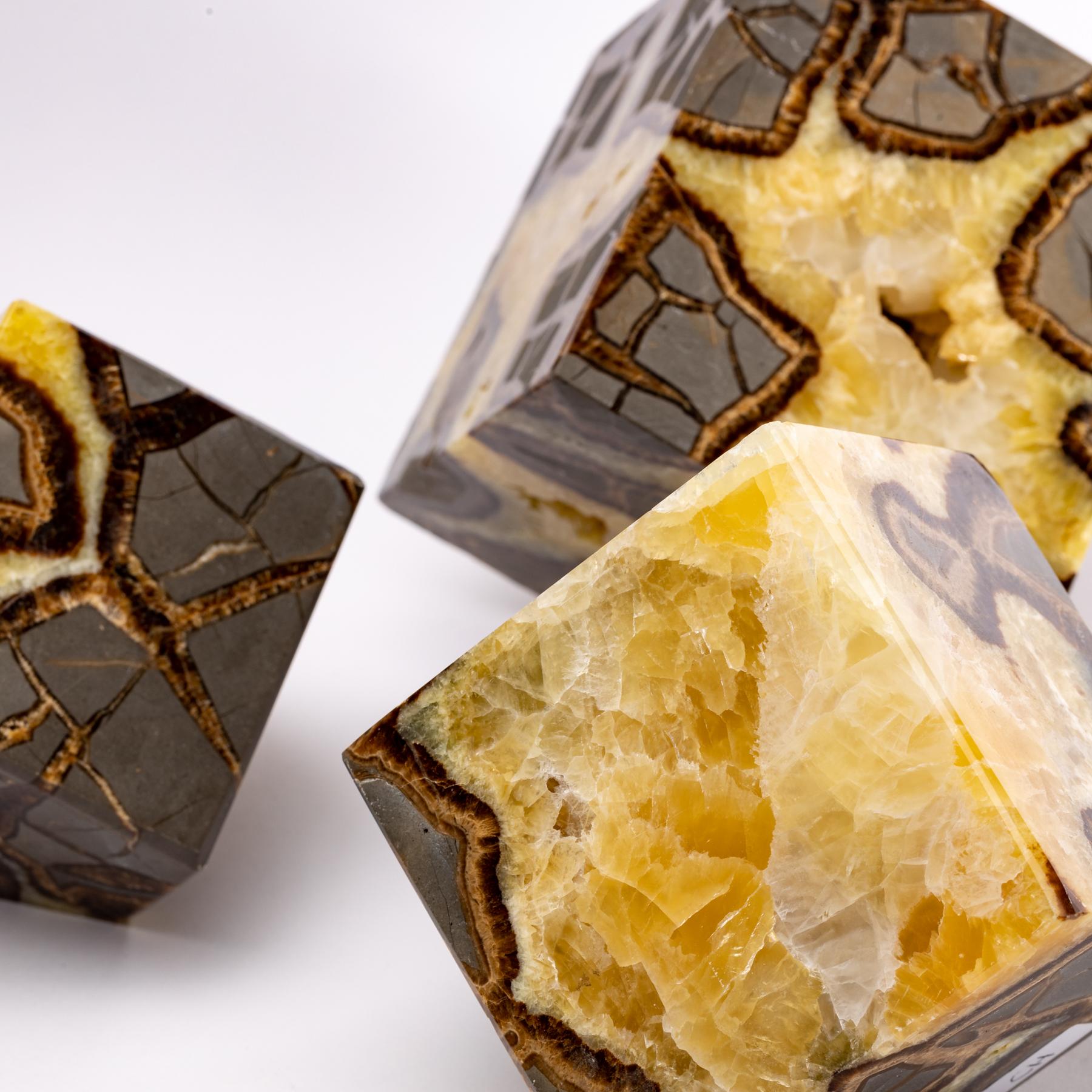 Polished Beautiful Decorative Set of Three Cubes of Septarian from Madagascar