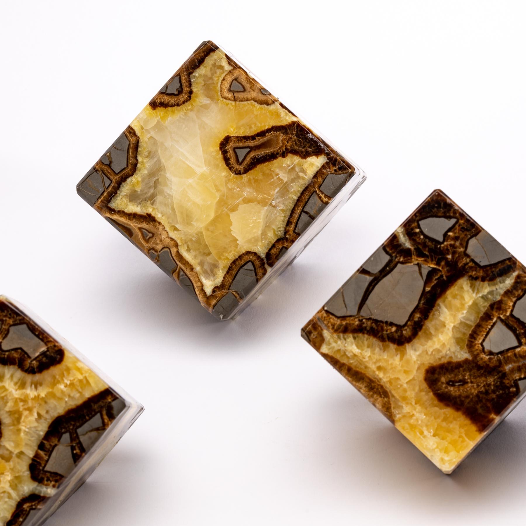 Contemporary Beautiful Decorative Set of Three Cubes of Septarian from Madagascar