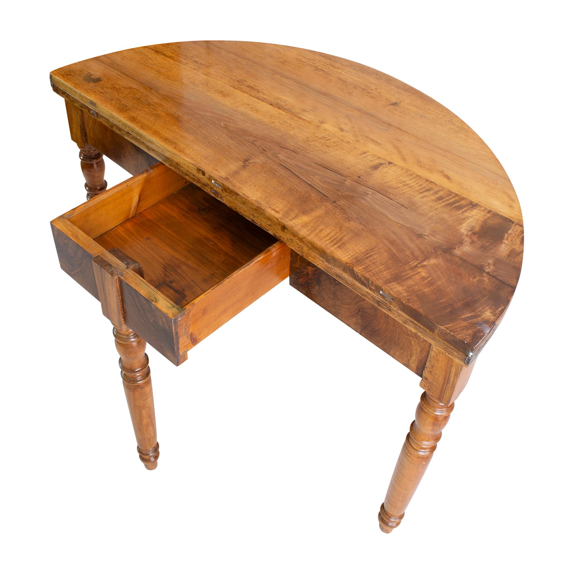 Polished 19th Century Biedermeier Walnut Demi Lune Fold-Out Table For Sale