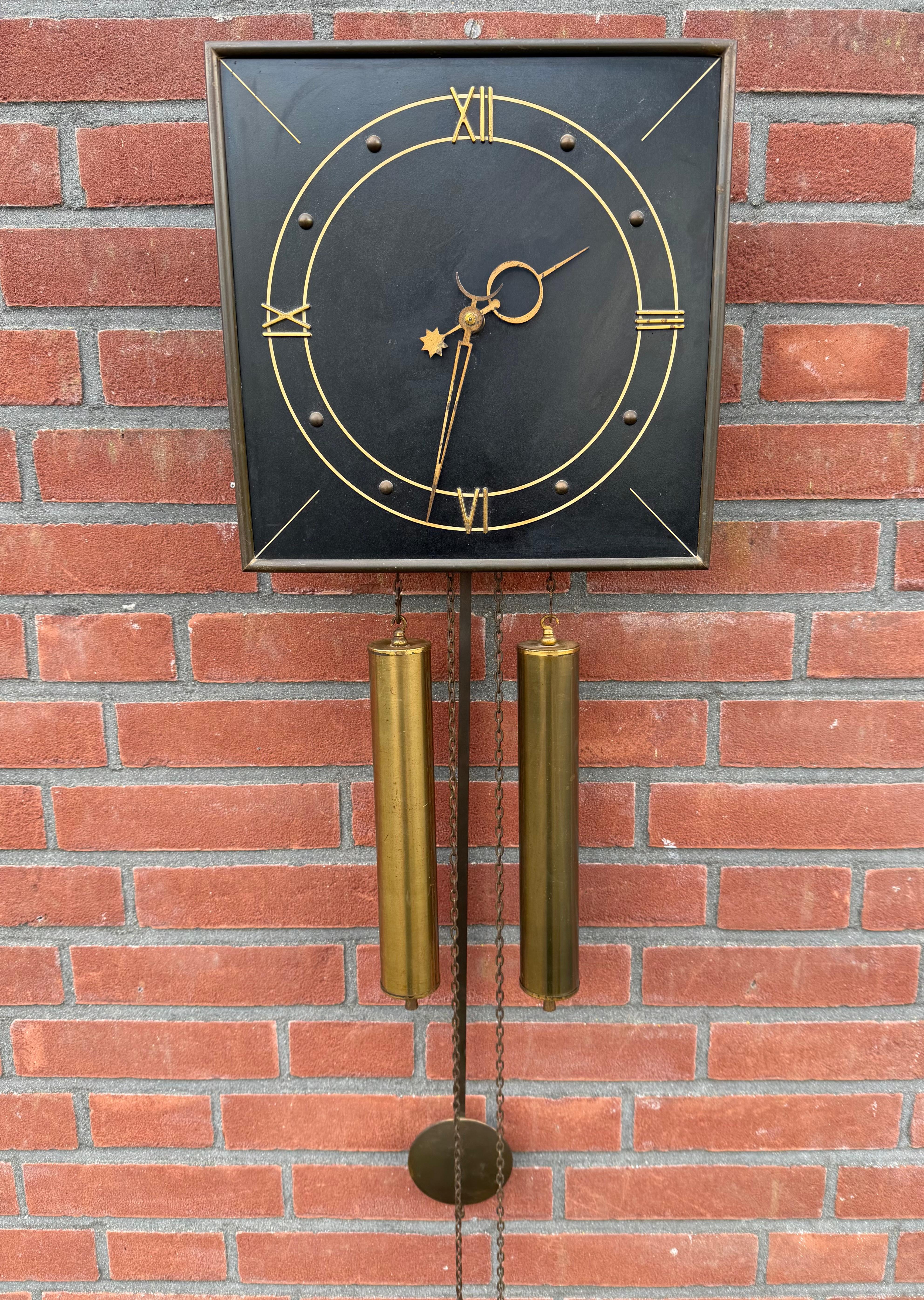 Mid-Century Modern Beautiful Design Midcentury Brass Pendulum Wall Clock, Great Condition 1960s For Sale