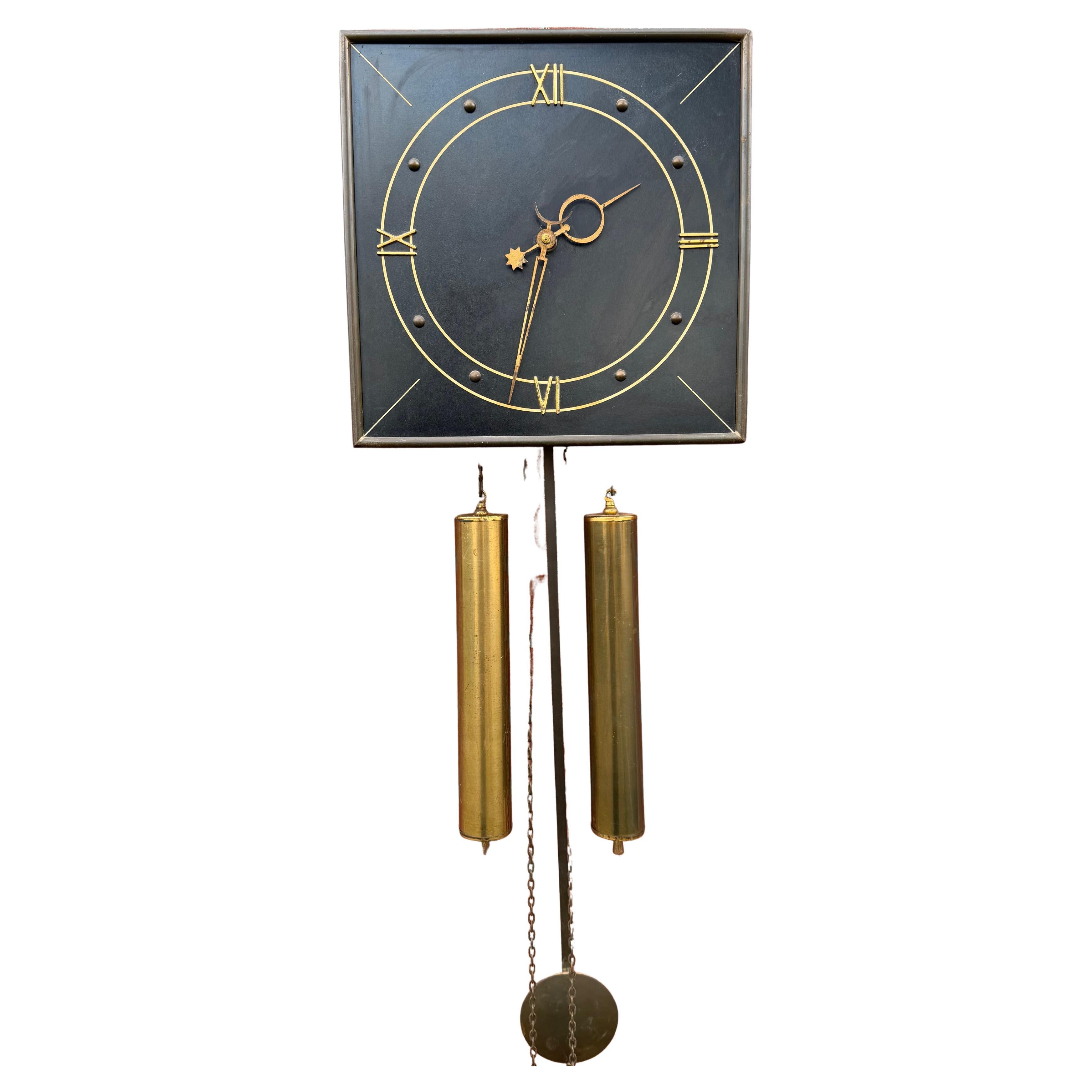 Beautiful Design Midcentury Brass Pendulum Wall Clock, Great Condition 1960s For Sale