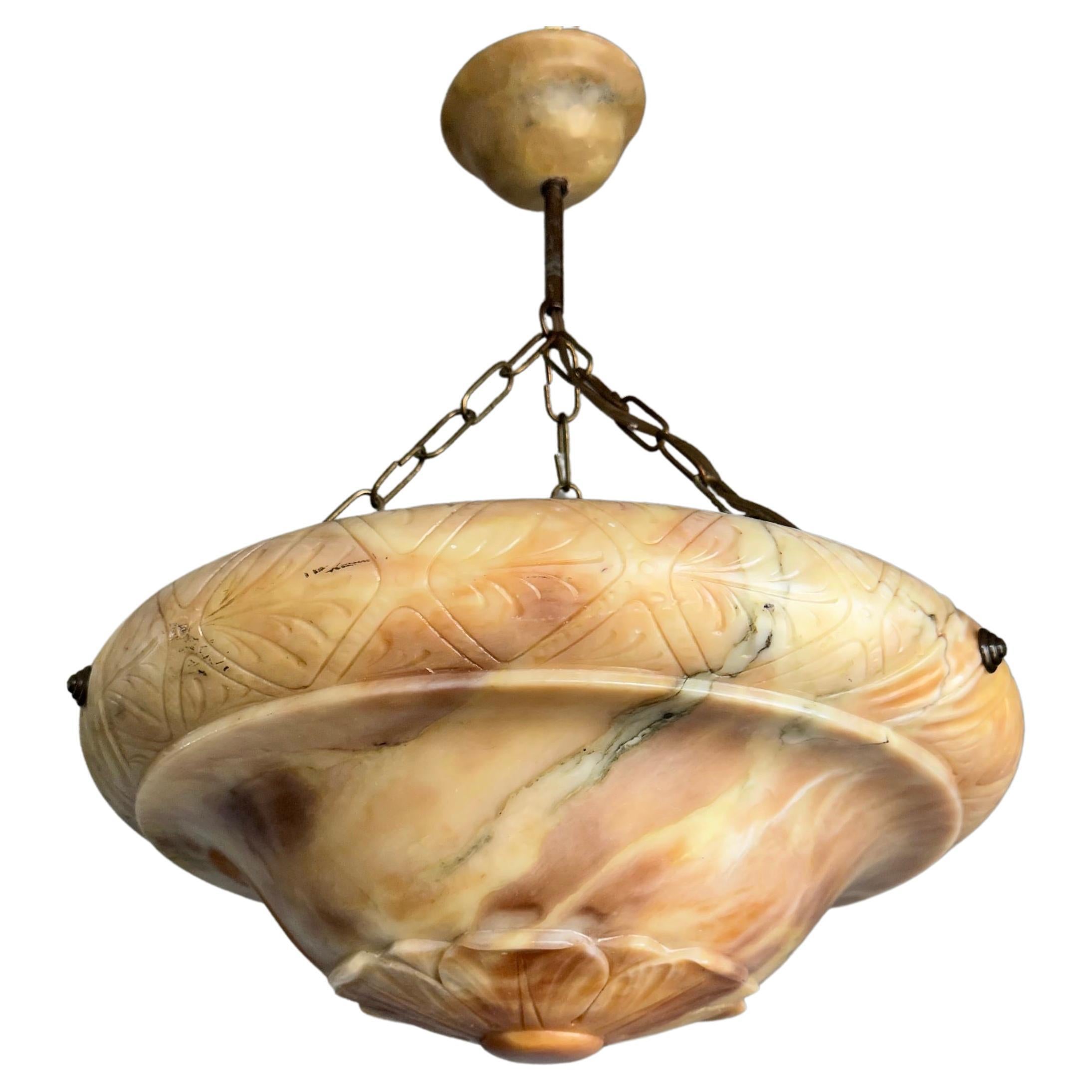 Beautiful Design w Palette of Color Alabaster Shade Pendant Light Mint Condition For Sale