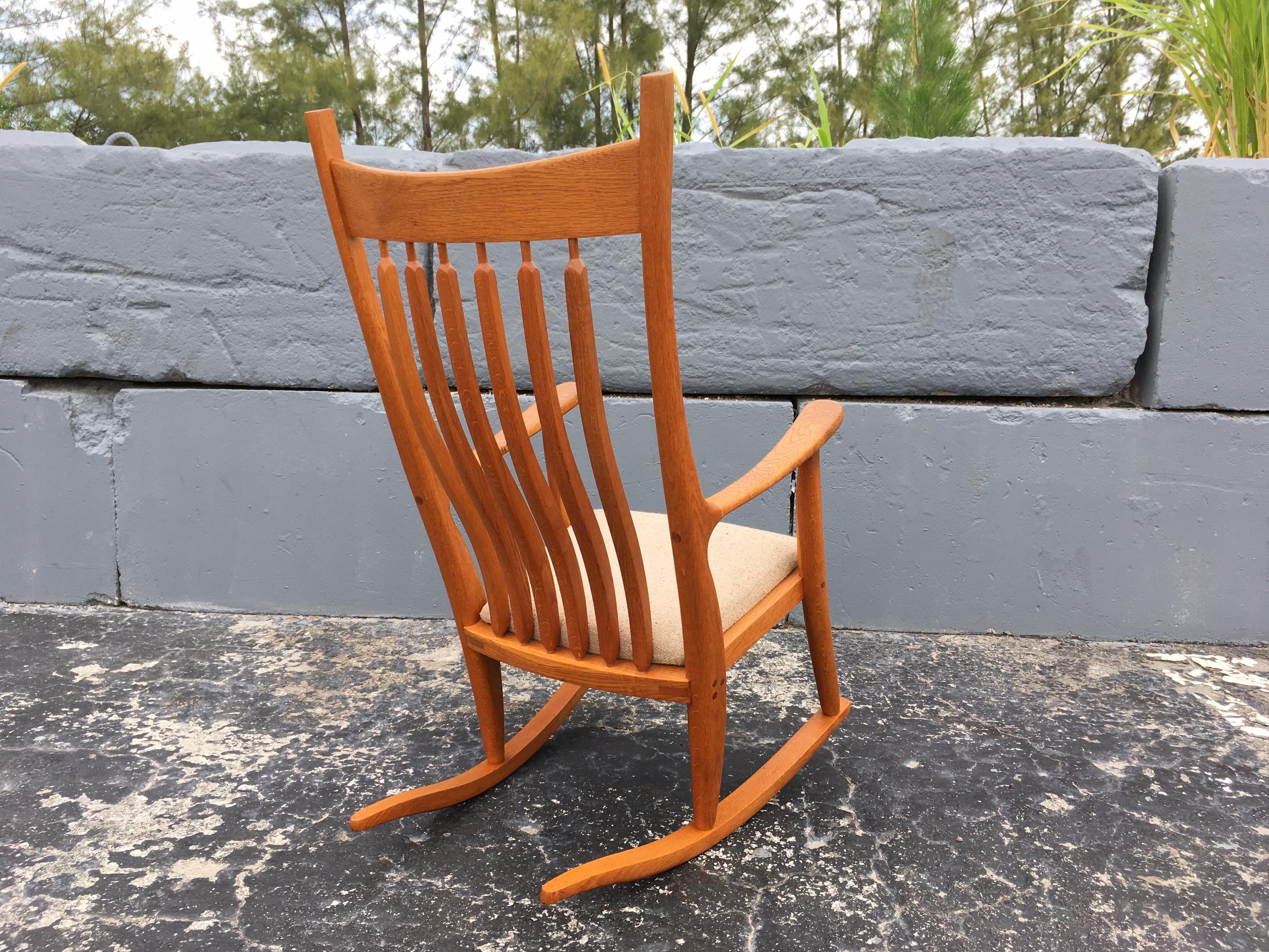 Modern Beautiful Designer Craftsman Rocking Chair, White Oak, Fabric