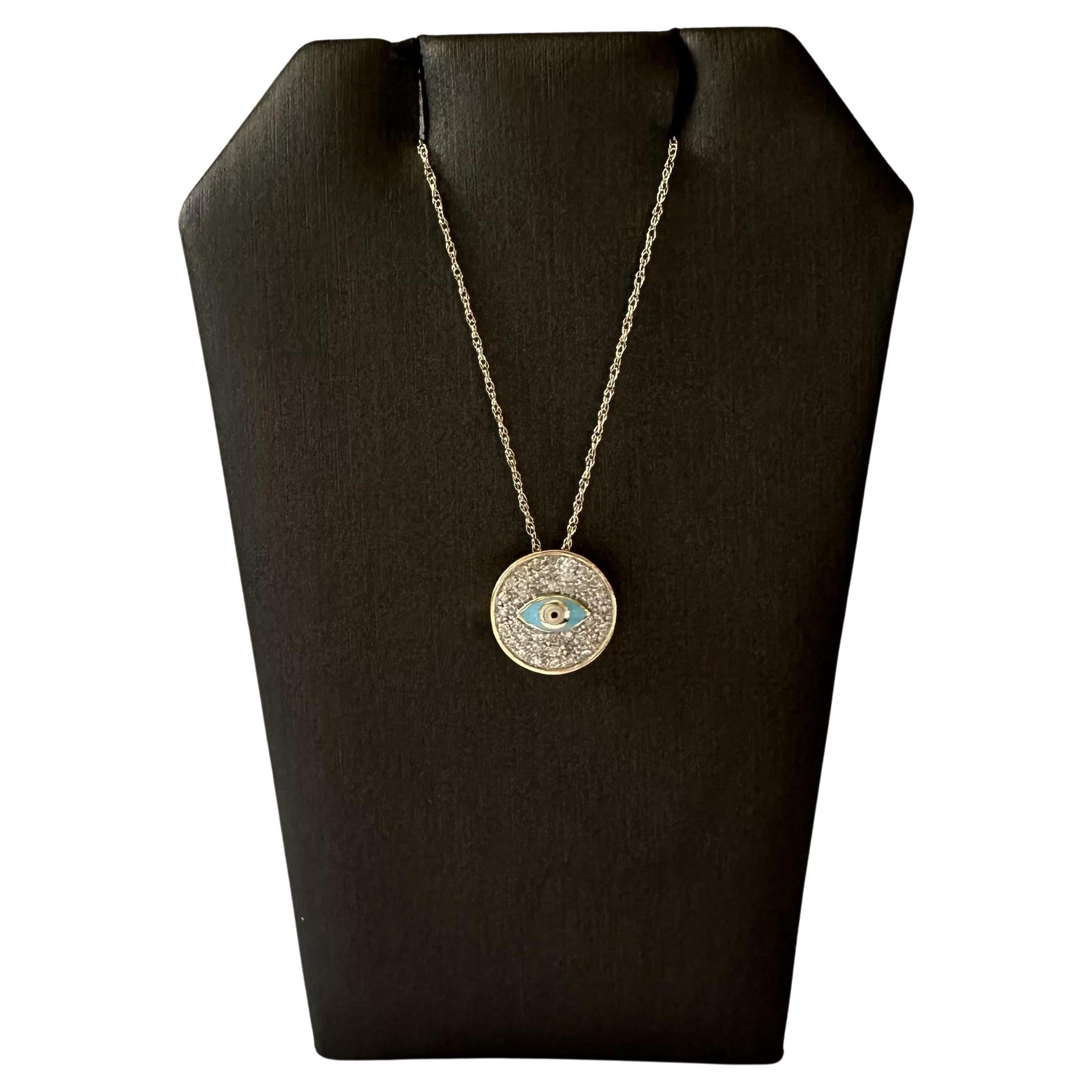 Beautiful Diamond and Enamel Evil Eye Necklace in 10kt Yellow Gold, 18", New