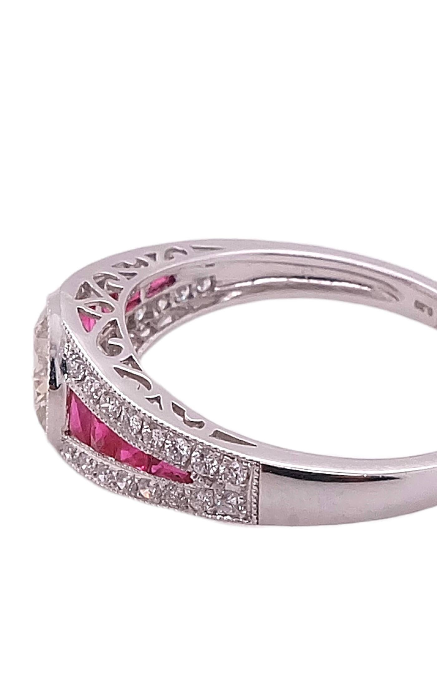 Art Deco Sophia D, 0.92 Carat Diamond and 0.25 Carat Ruby Ring in Platinum For Sale