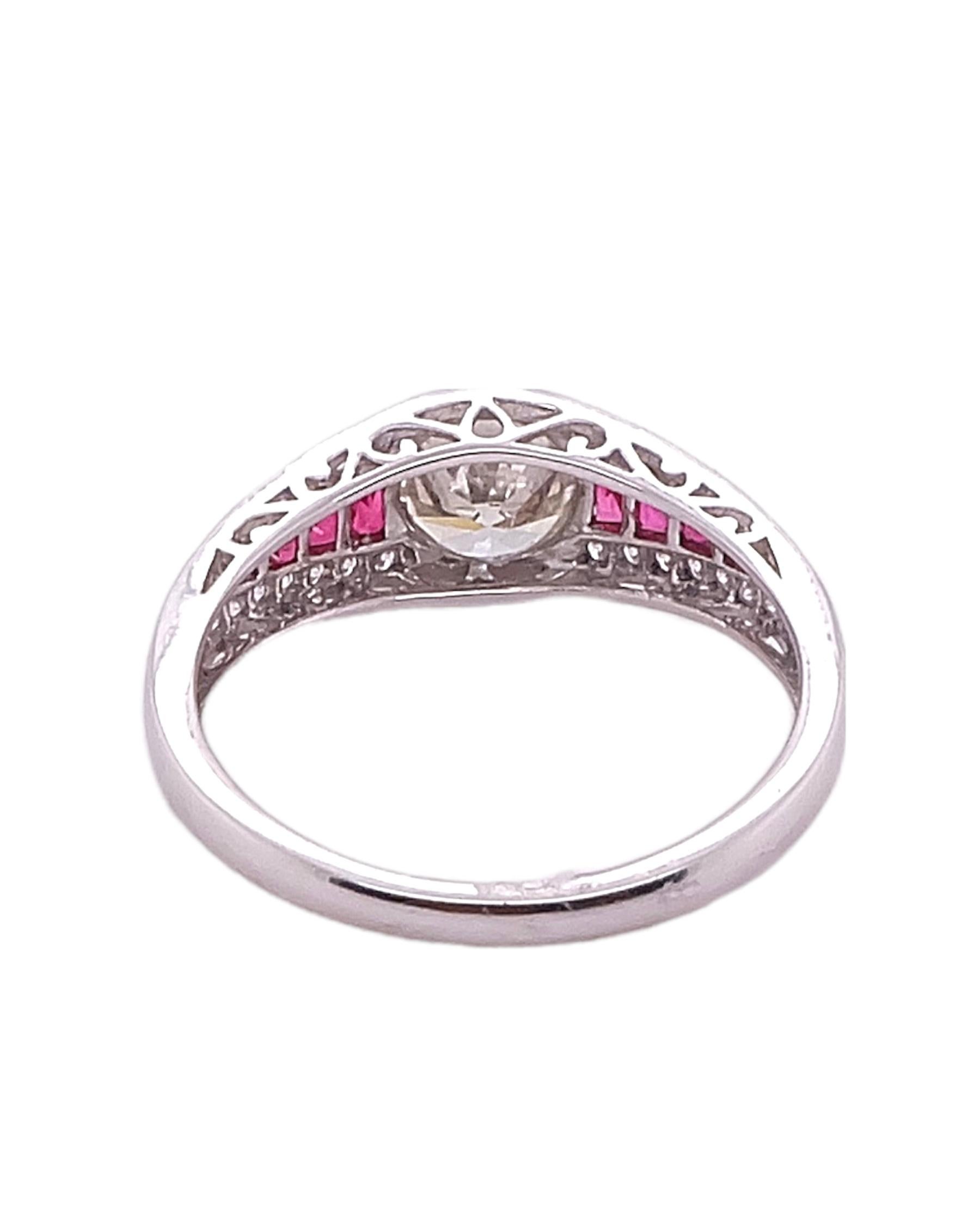 Round Cut Sophia D, 0.92 Carat Diamond and 0.25 Carat Ruby Ring in Platinum For Sale