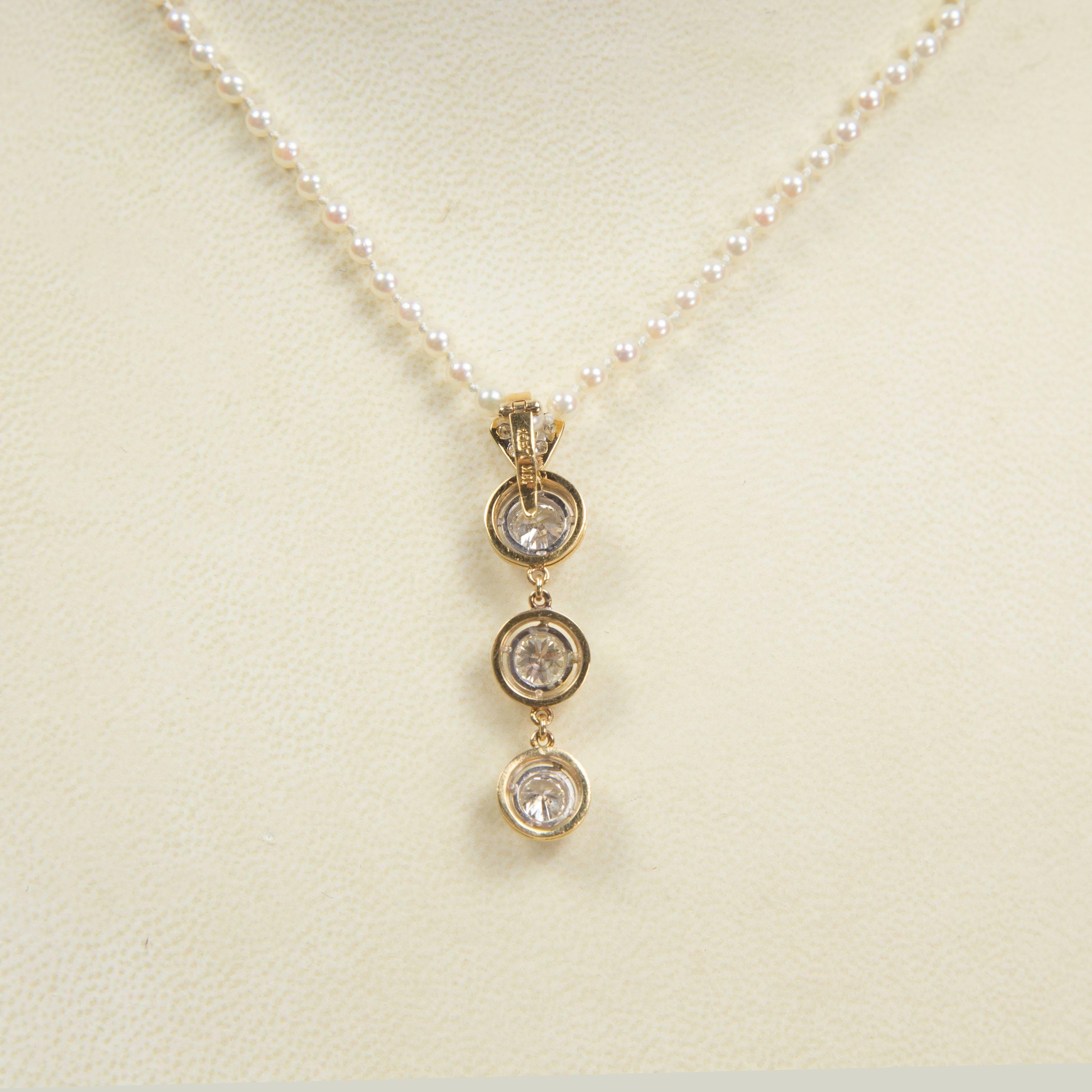 Modernist Beautiful Diamond Gold Drop Pendant and Pearl Necklace Estate Fine Jewelry For Sale