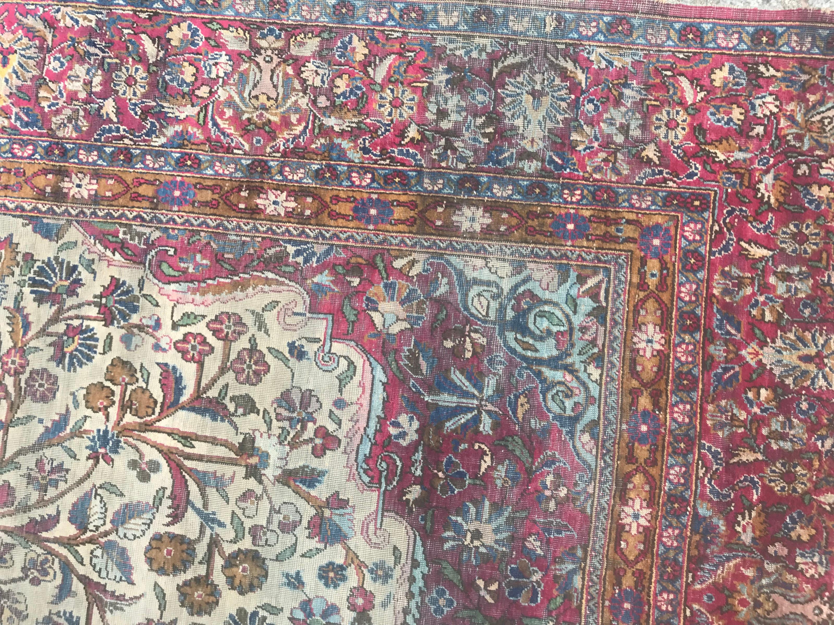 19th Century Bobyrug’s Beautiful Distressed Antique Kashan Silk Rug For Sale