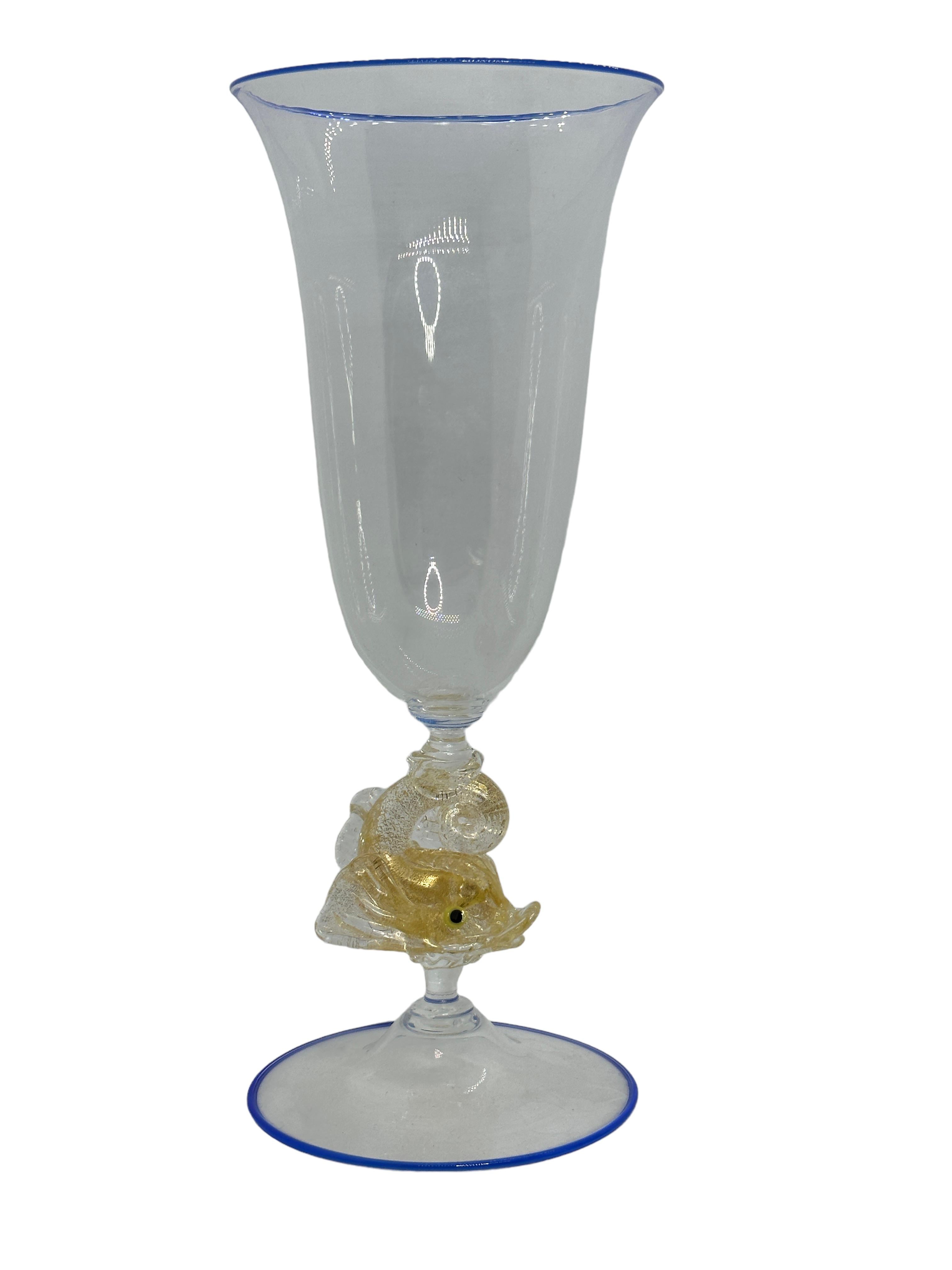 Hand-Crafted Beautiful Dolphin Stemware Italian Venetian Murano Glass Goblet Venini, Italy For Sale
