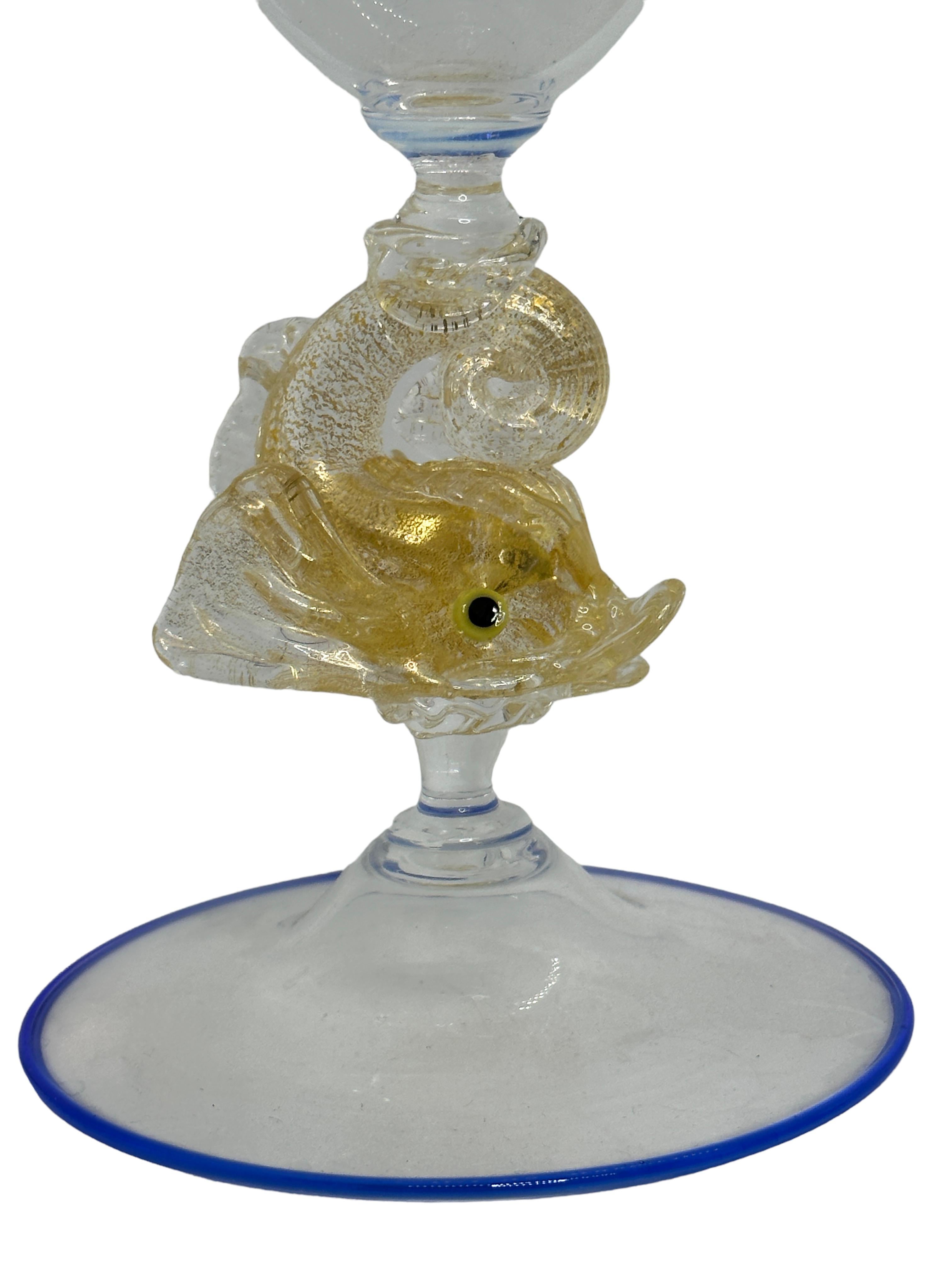 Late 20th Century Beautiful Dolphin Stemware Italian Venetian Murano Glass Goblet Venini, Italy For Sale