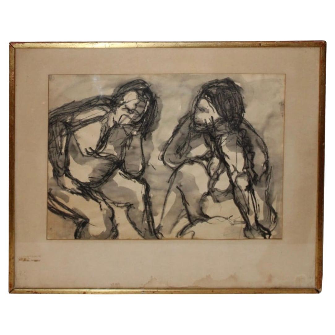 Beautiful Drawing of Two Figures by Bernice Bauer For Sale