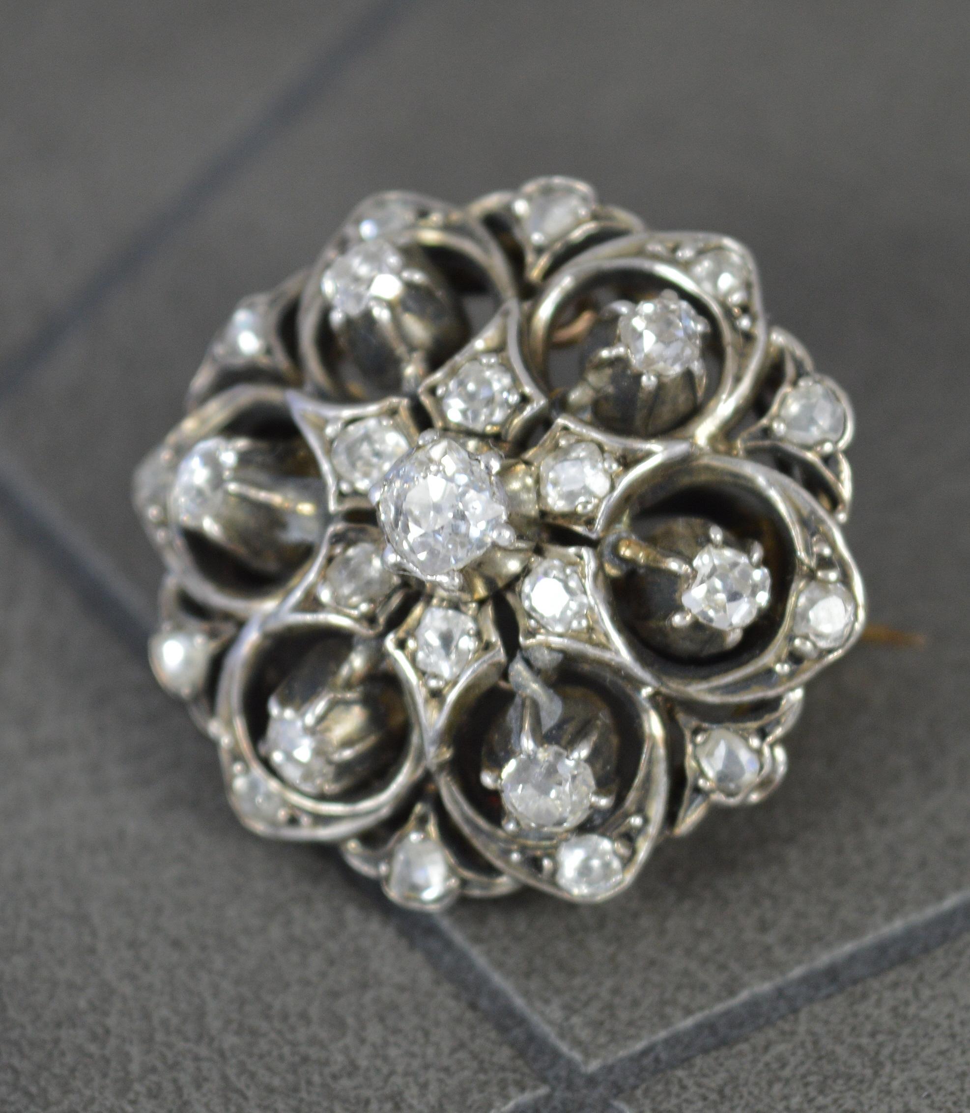 Old Mine Cut Beautiful Early Victorian 15ct Gold and Old Cut Diamond Cluster Brooch For Sale