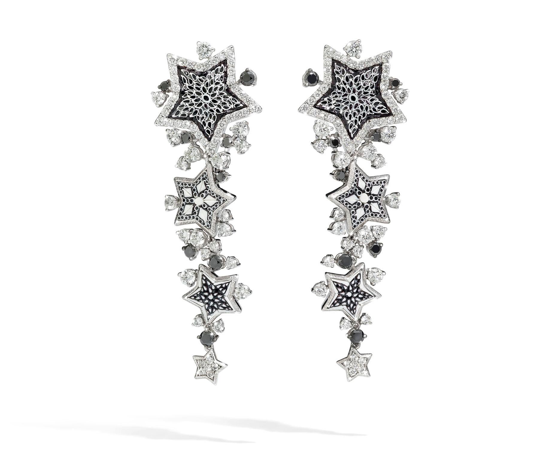 Contemporary Stylish  Earrings White Gold White & Black Diamonds HandDecorated MicroMosaic For Sale