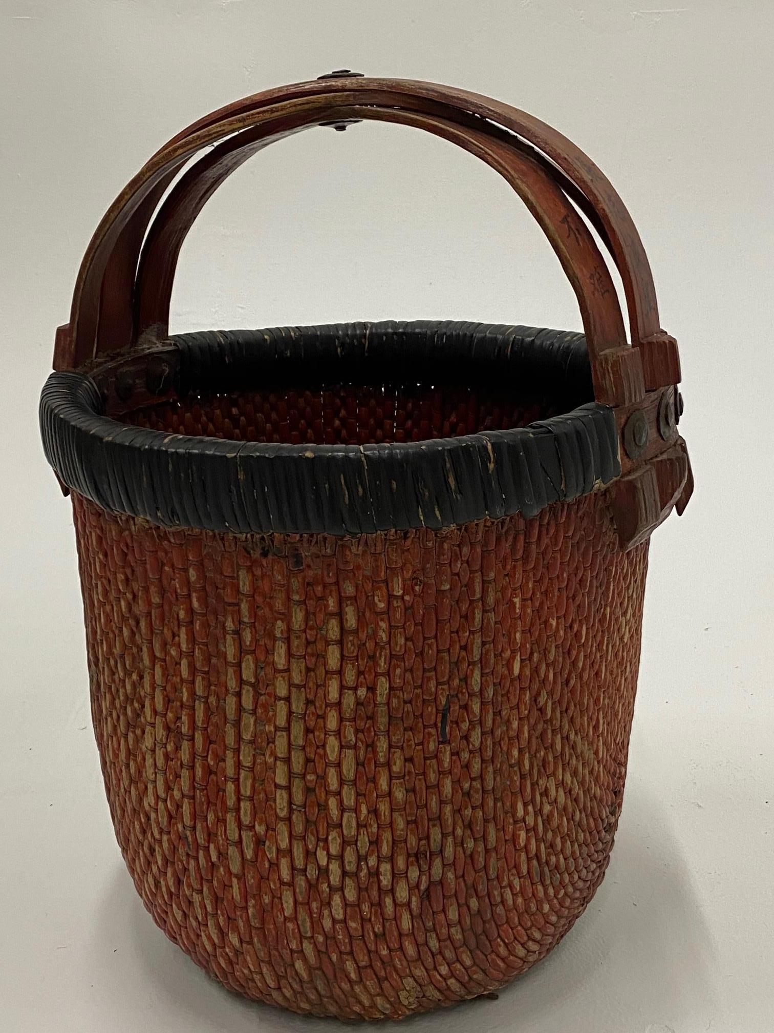 Mid-20th Century Beautiful Earthy Chinese Woven Rattan Market Basket For Sale