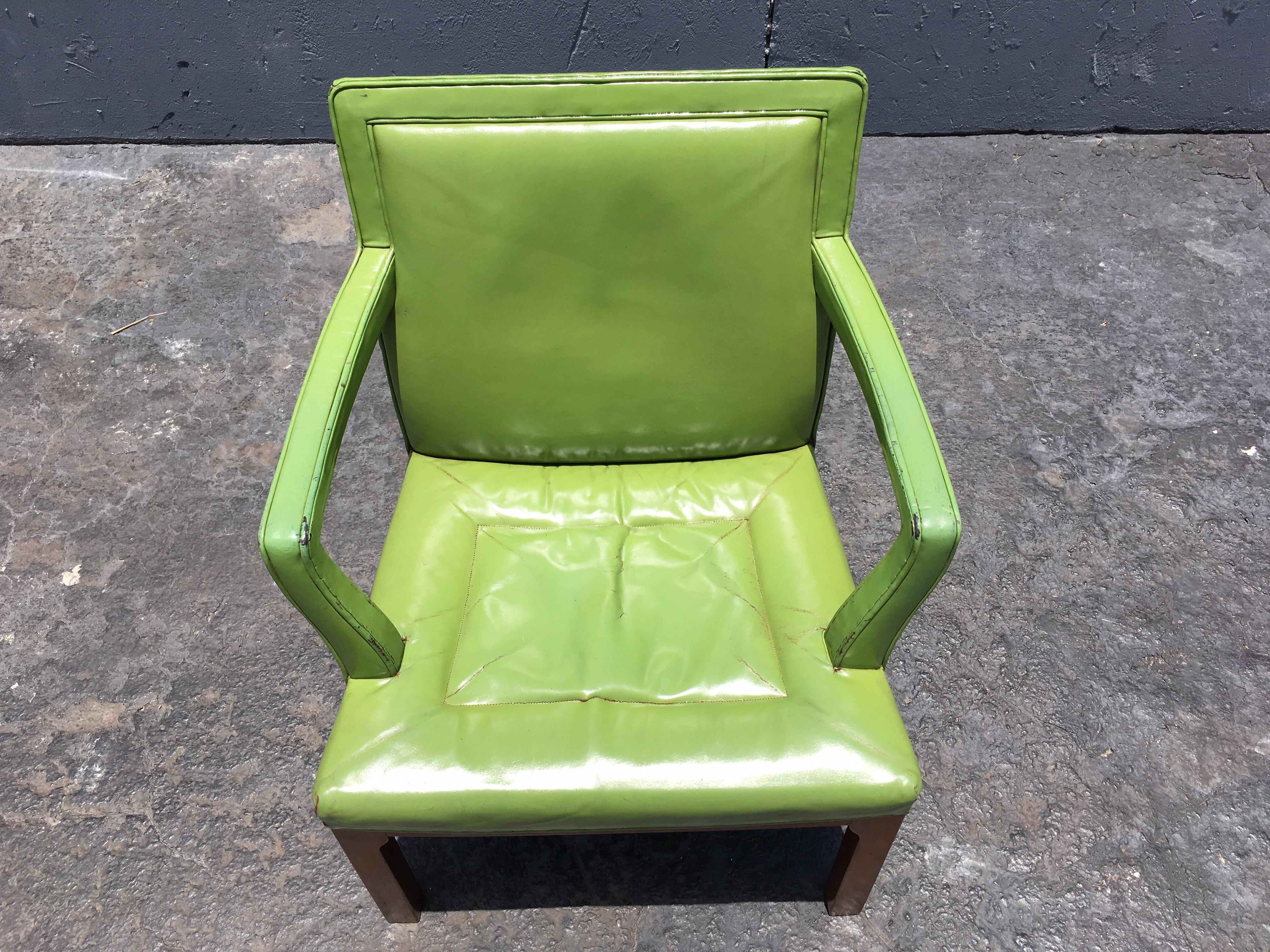 Beautiful Edward Wormley Armchair, Green Leather Chair, Dunbar, Mahogany For Sale 4