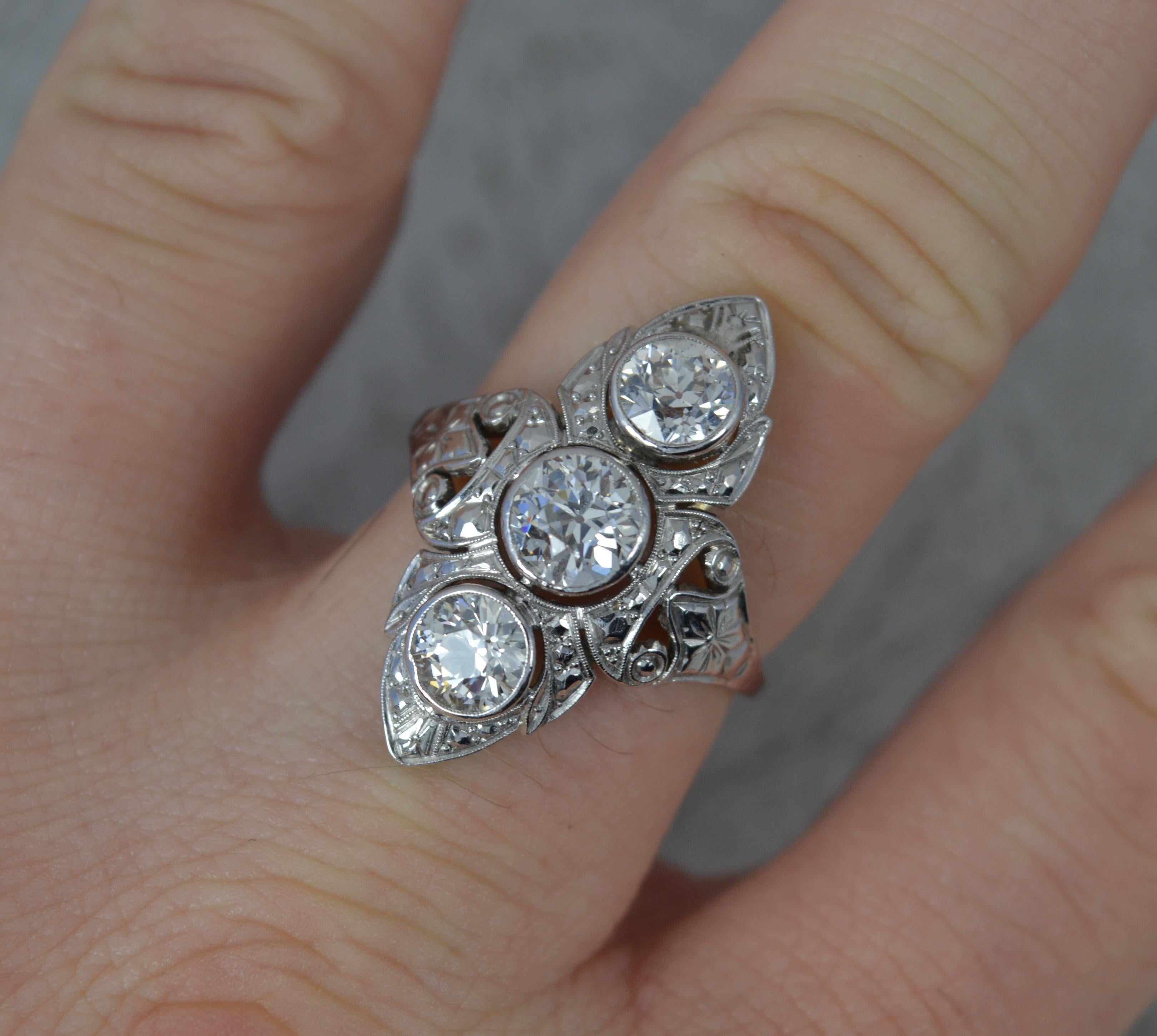 Old European Cut Beautiful Edwardian 2.1ct Old Cut Diamond and Platinum Trilogy Panel Ring