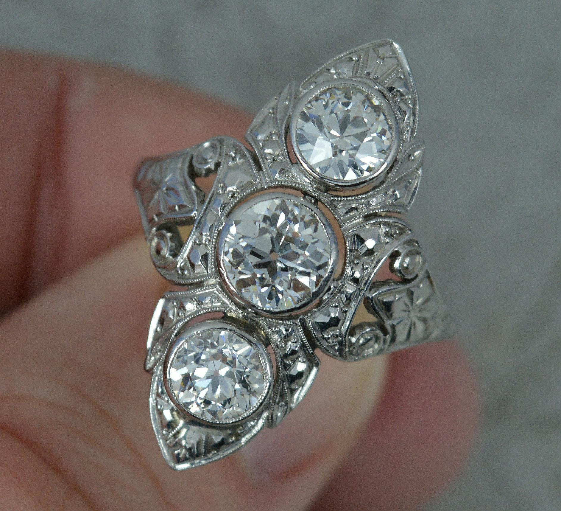 Beautiful Edwardian 2.1ct Old Cut Diamond and Platinum Trilogy Panel Ring 3