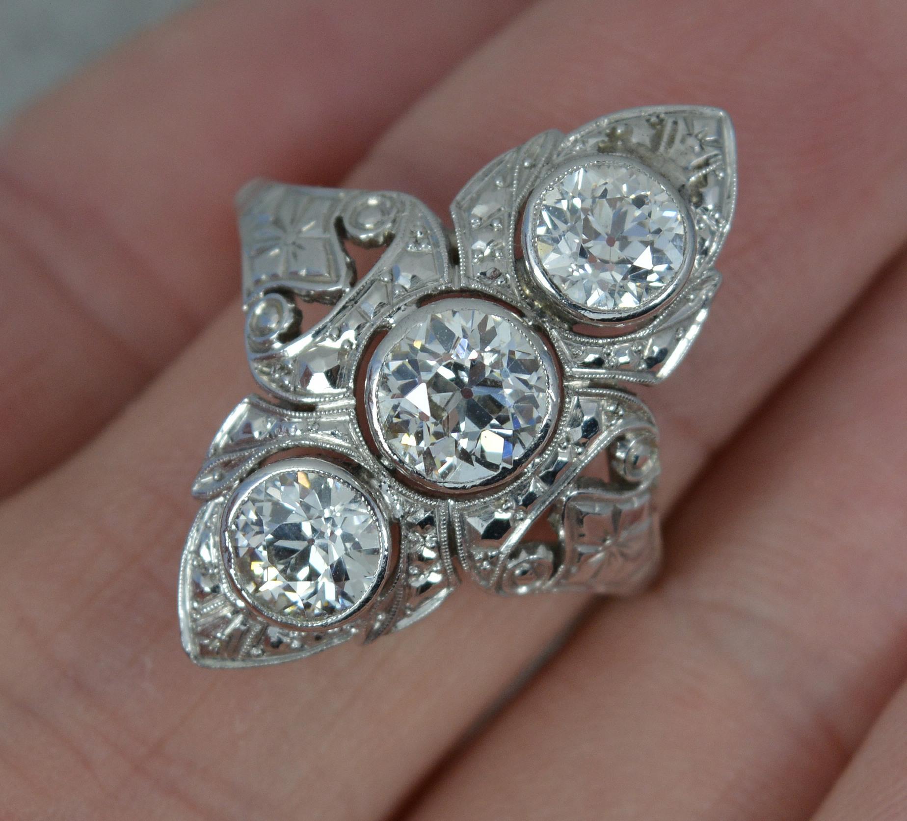 Beautiful Edwardian 2.1ct Old Cut Diamond and Platinum Trilogy Panel Ring 4