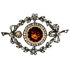 Beautiful Edwardian Citrine and Diamond Bow Foliate Brooch