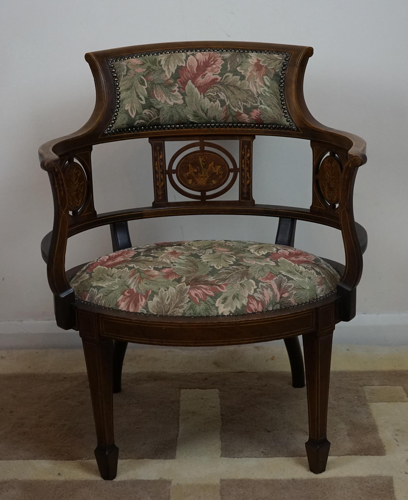 Hardwood Beautiful Edwardian   Inlaid Tub Back Chair For Sale