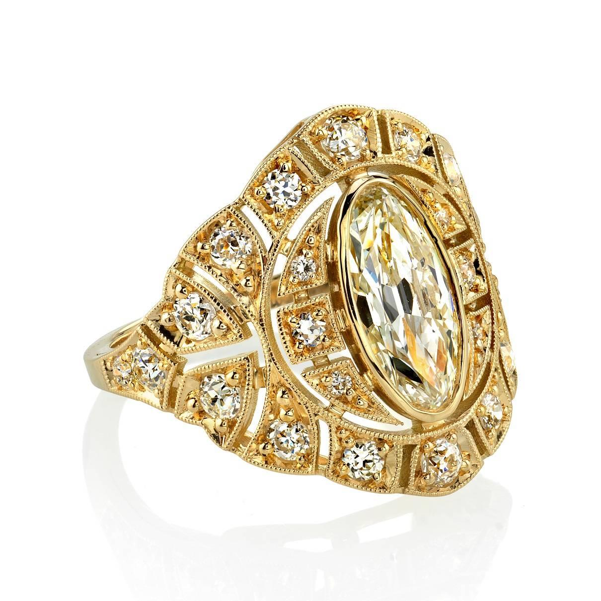 1.49ct M/SI2 GIA certified Marquise cut diamond set in a handcrafted 18k yellow gold mounting. An Edwardian inspired design that features a low profile. Ring is currently a size 6 and can be sized to fit. 