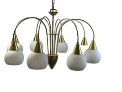 Beautiful Eight Light Brass & Glass Shade Chandelier, Honsel Leuchten, 1980s