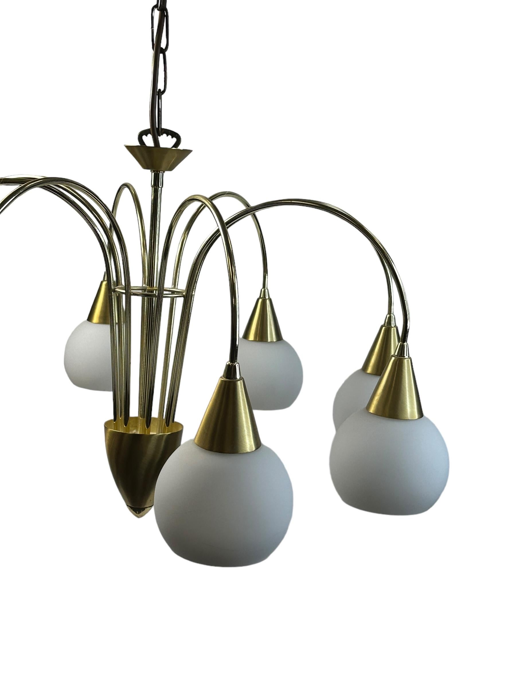 Late 20th Century Beautiful Eight Light Brass & Glass Shade Chandelier, Honsel Leuchten, 1980s For Sale