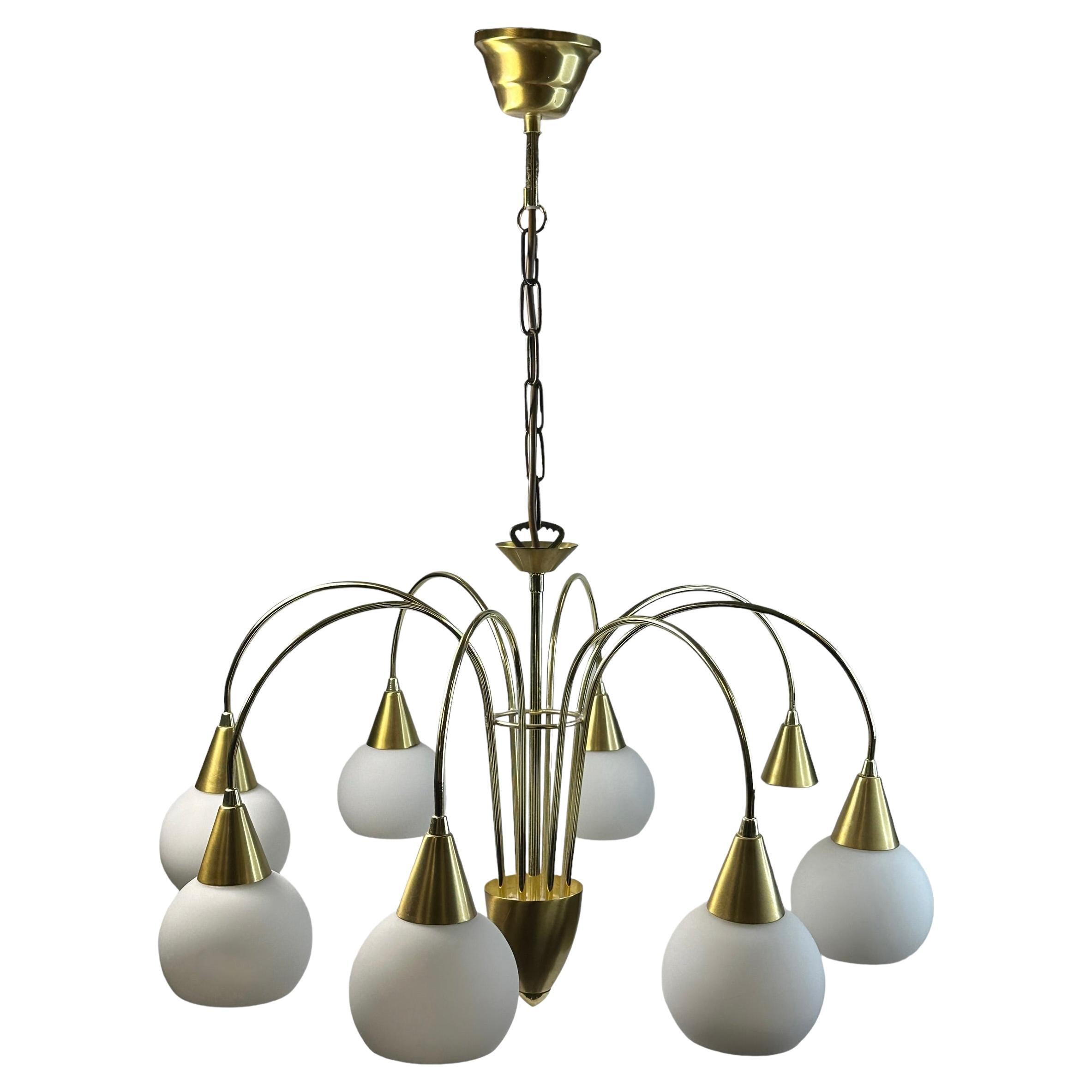 Beautiful Eight Light Brass & Glass Shade Chandelier, Honsel Leuchten, 1980s For Sale