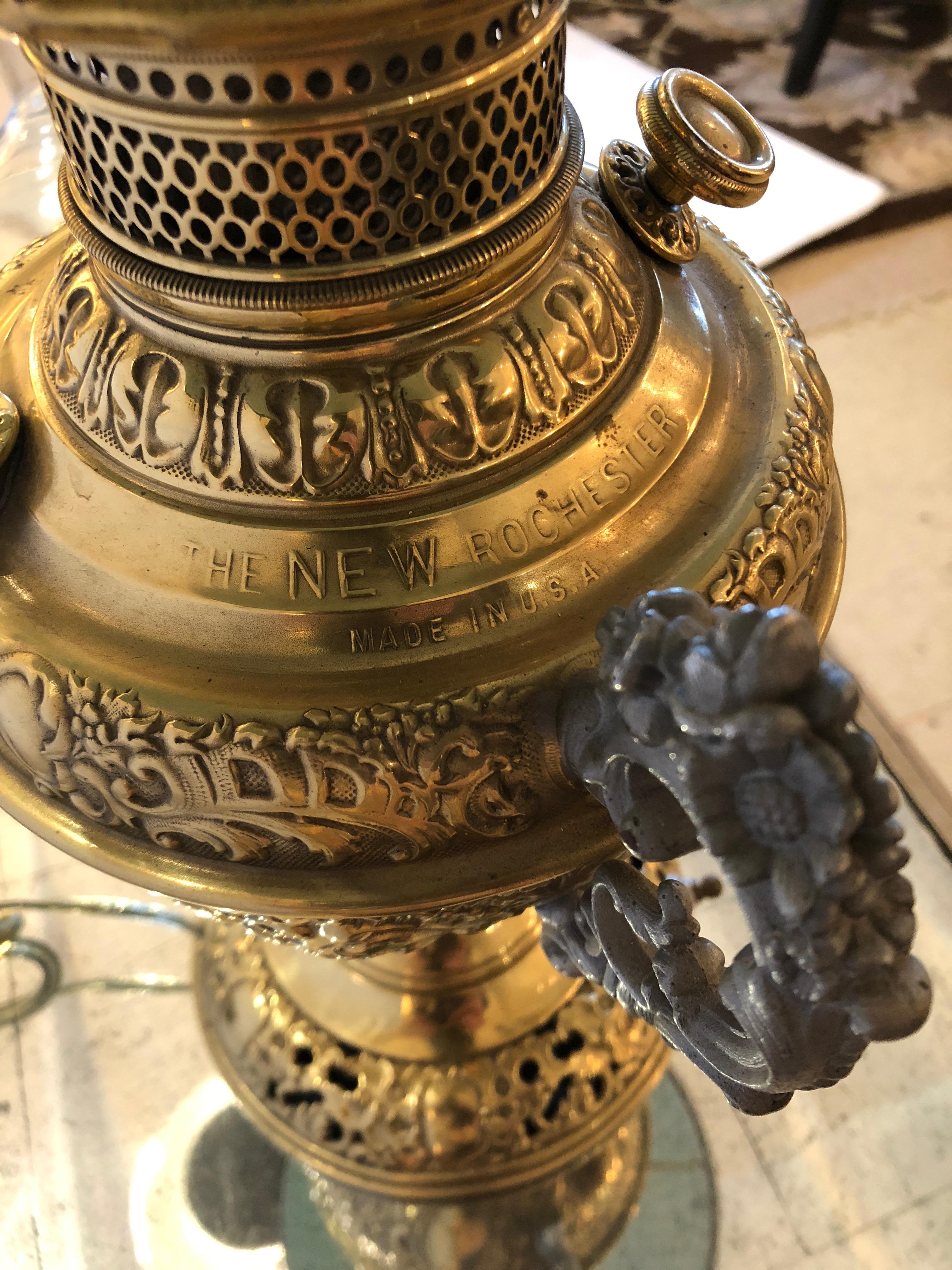 Beautiful Electrified Brass Oil Lamp by New Rochester with Green Glass Shade 1
