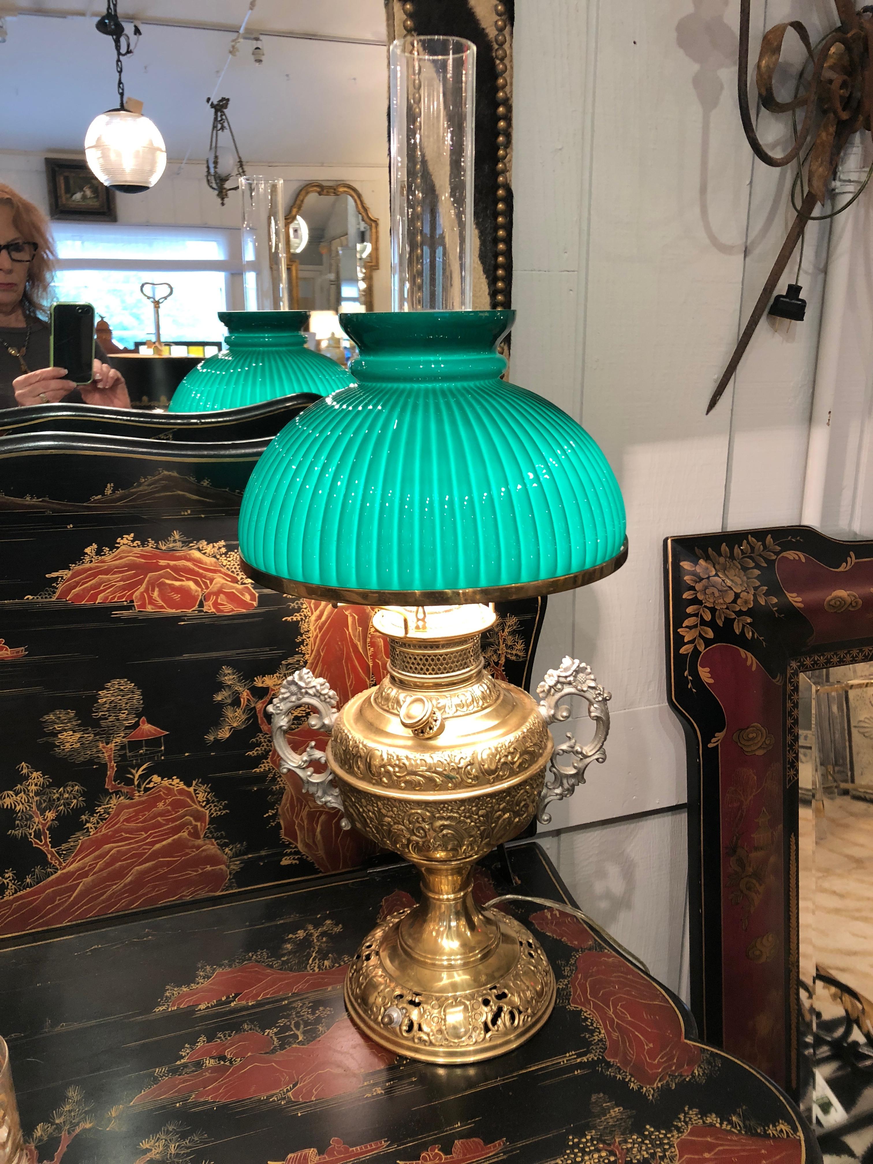 Beautiful Electrified Brass Oil Lamp by New Rochester with Green Glass Shade 2