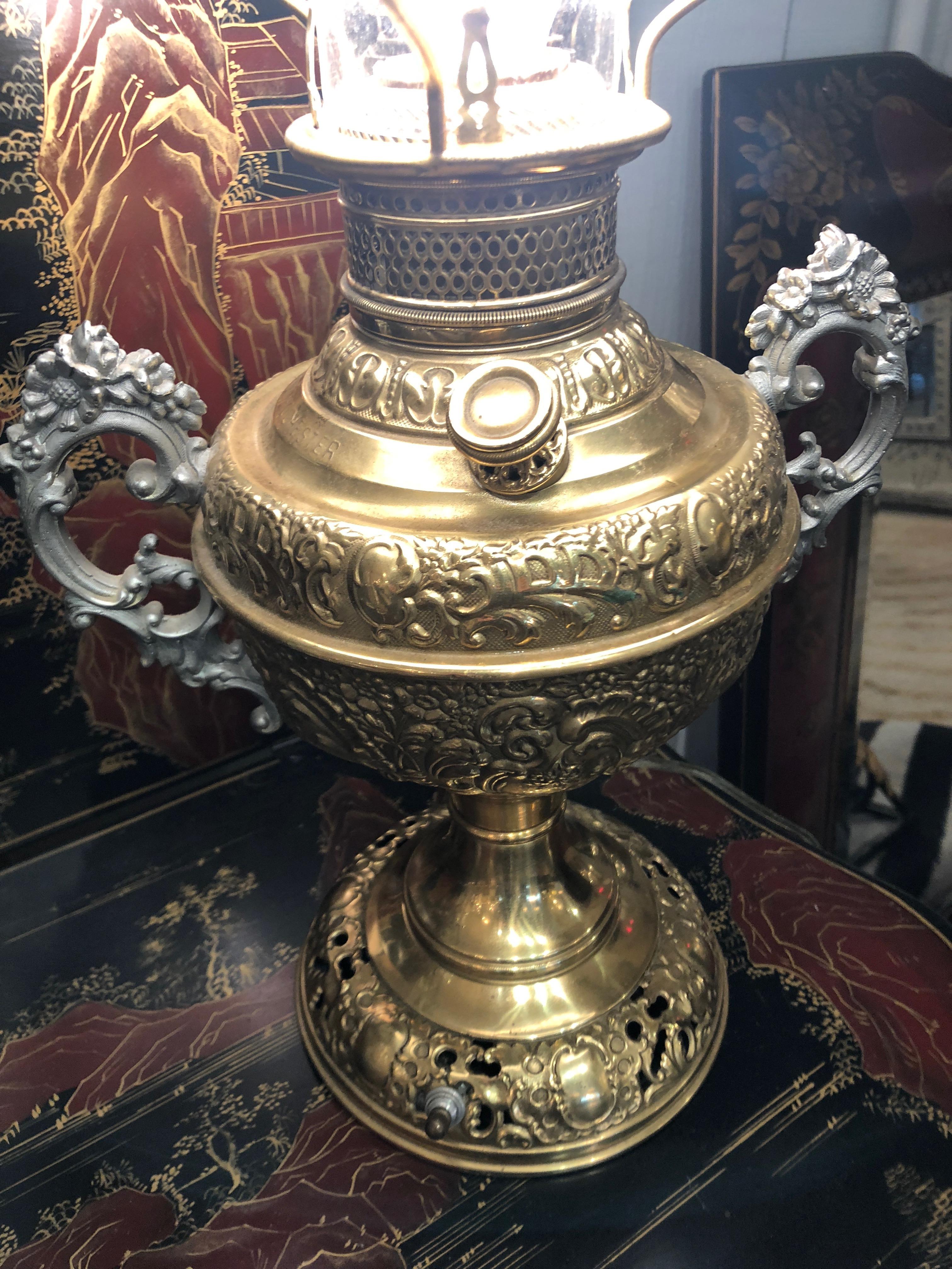 Beautiful Electrified Brass Oil Lamp by New Rochester with Green Glass Shade 3